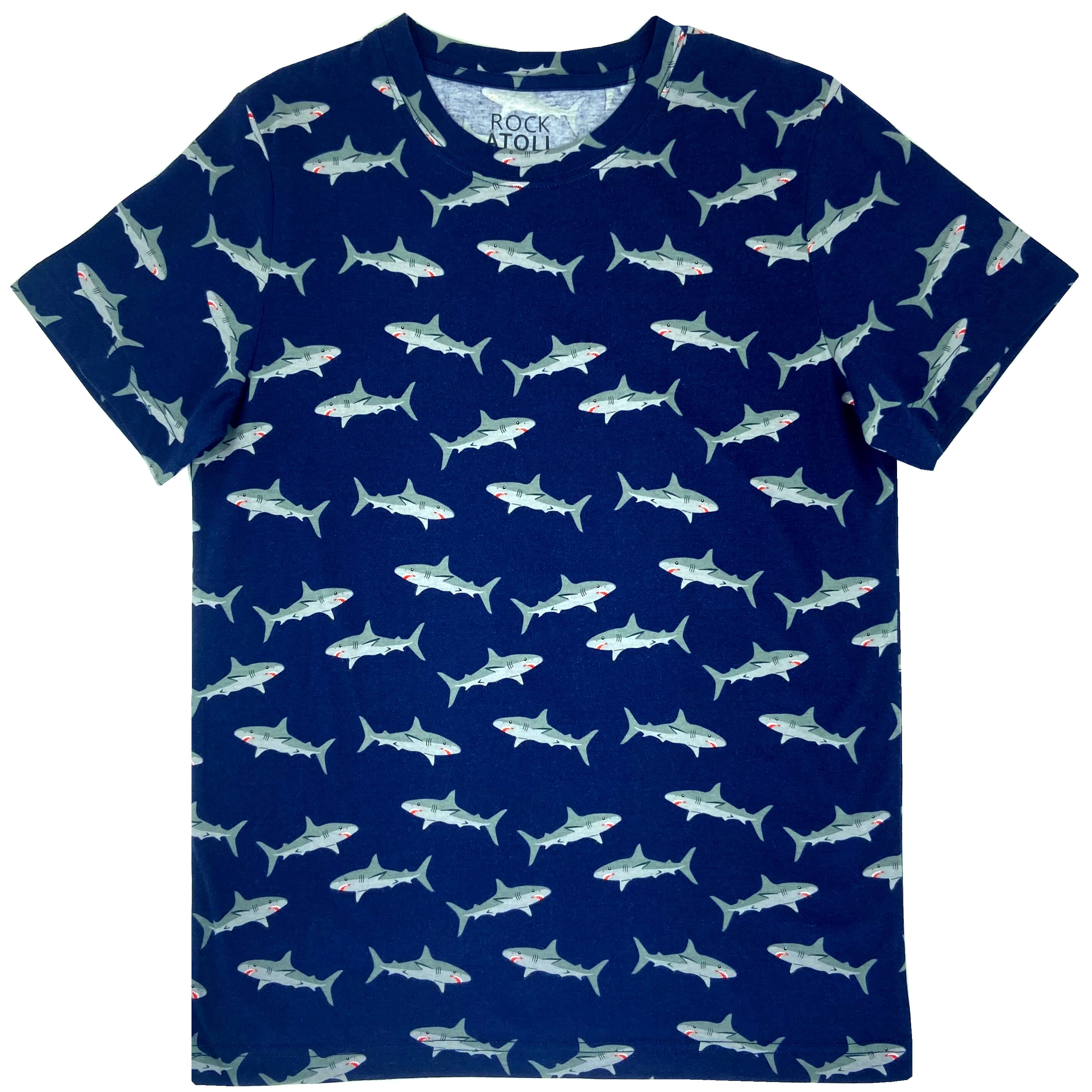 Men's Navy Blue Shark All Over Print Novelty Crew Neck T-Shirt Top