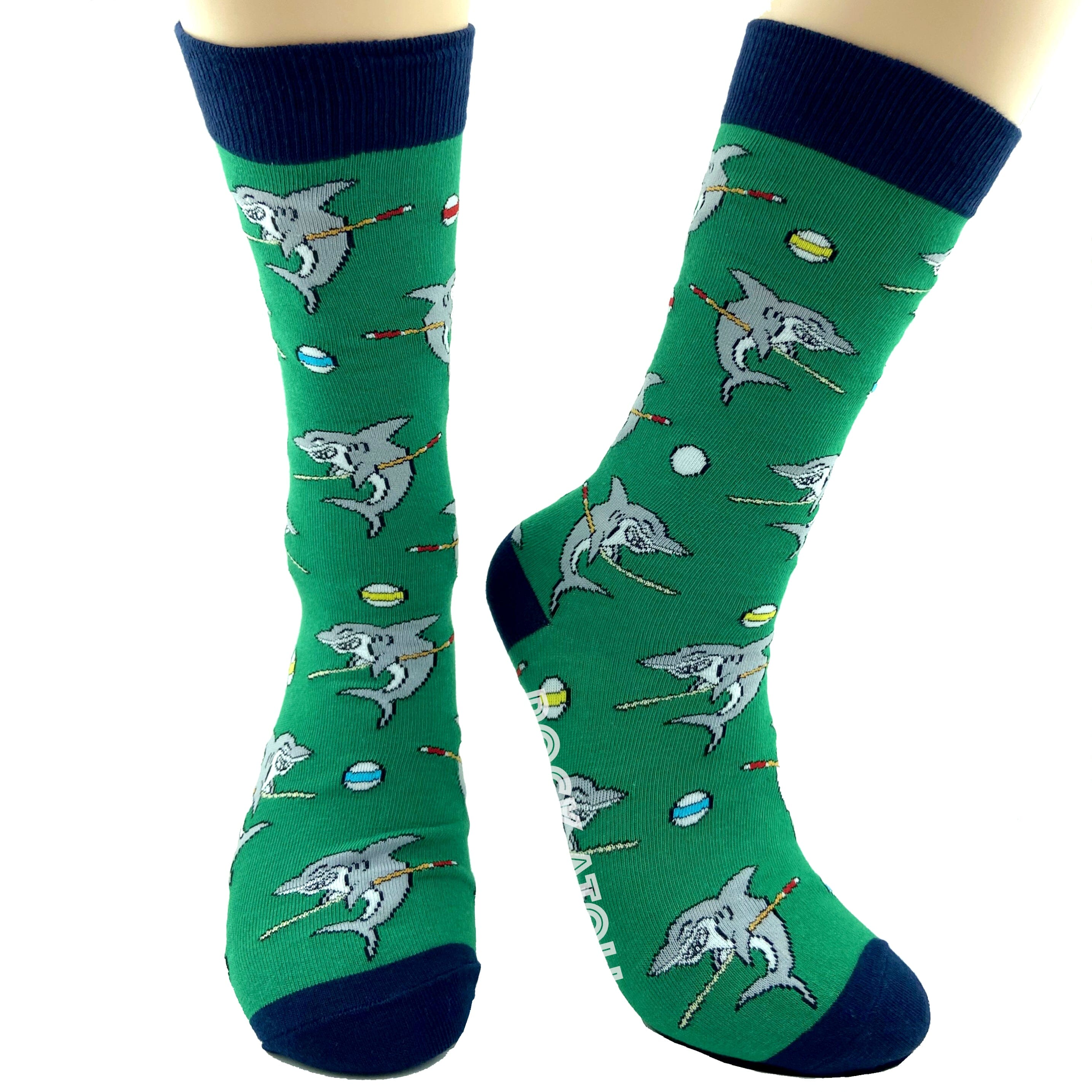 Sharks Playing Pool Billiards Snooker Patterned Novelty Socks in Green