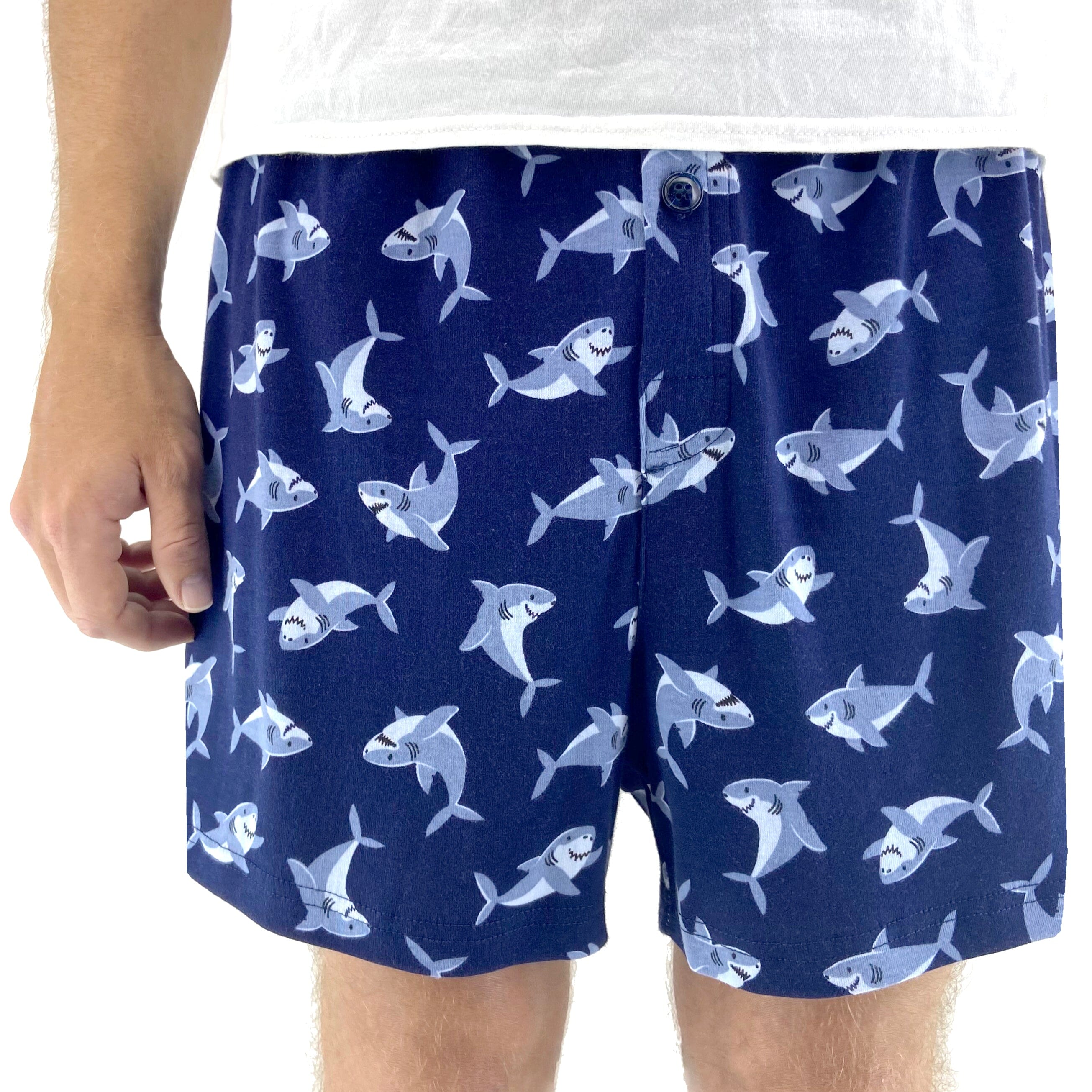 Men's Navy Blue Smiley Shark Patterned Cotton Knit Pajama Sleep Shorts