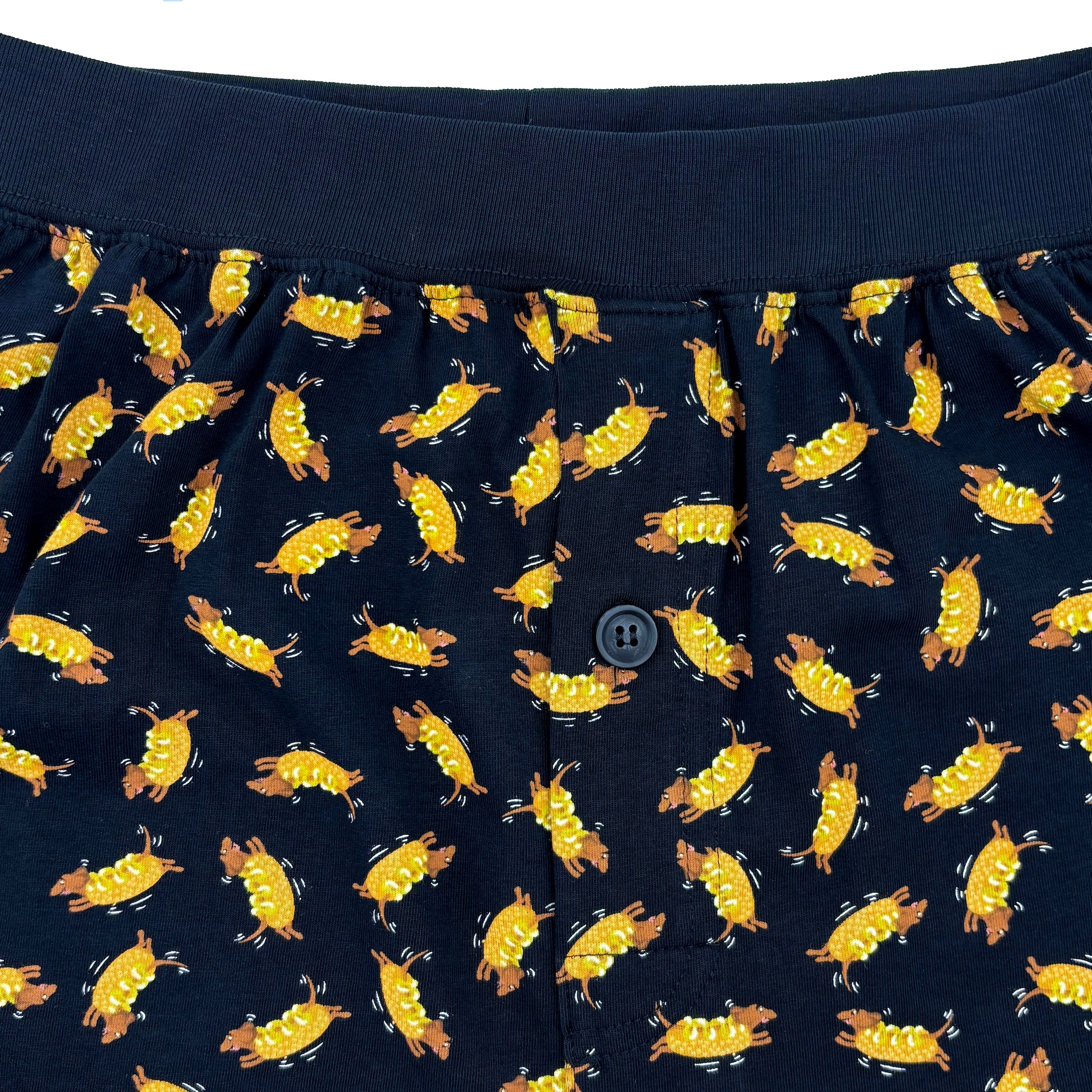 Men's Dachshund Puppy Dog Dressed Up As Hotdogs Print Pajama Shorts