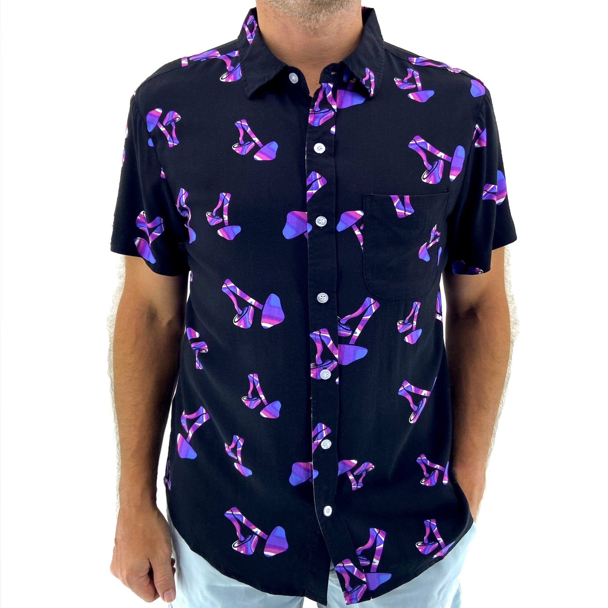 Mens Funky Psychedelic Fungi Mushroom Print Button Down Hawaiian Shirt