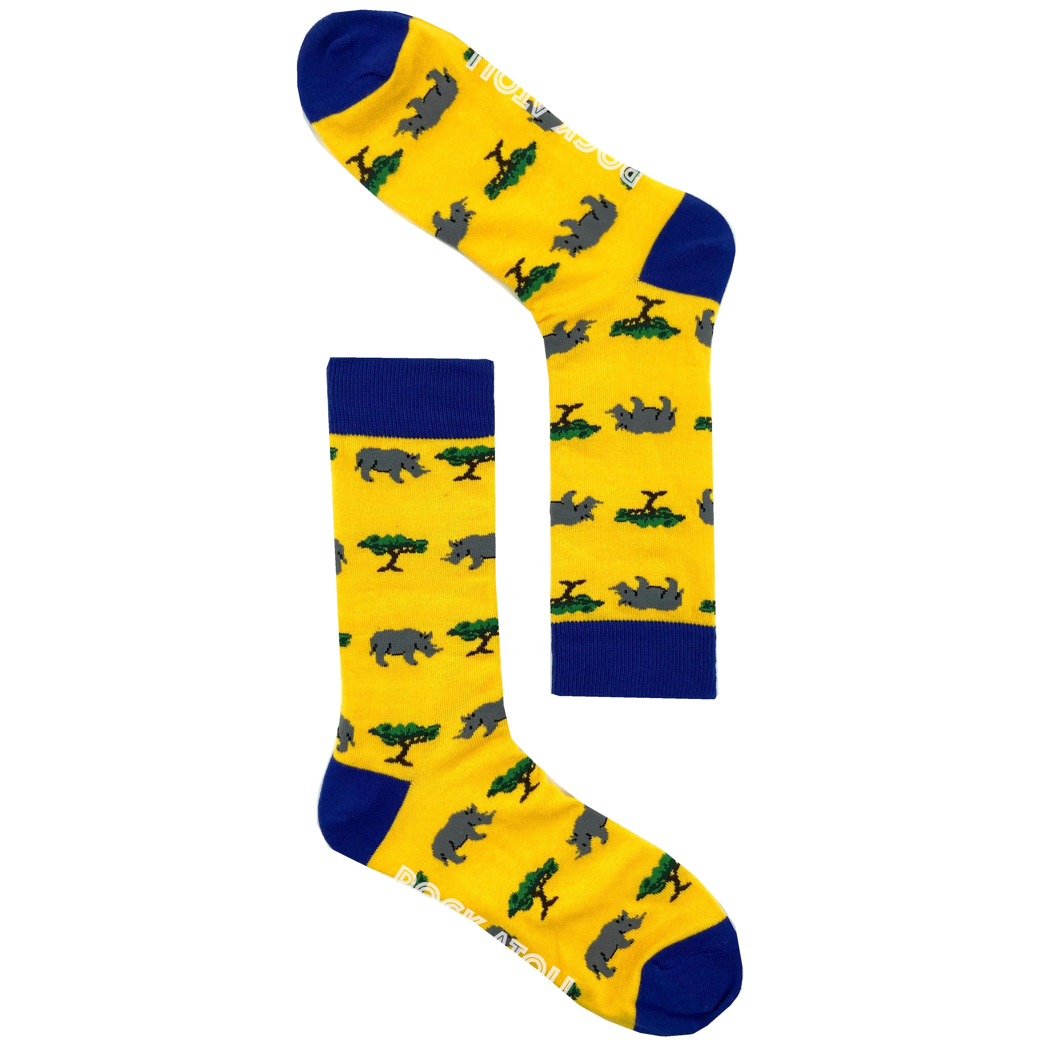 Bright Yellow Fun Rhinoceros Rhino Patterned Novelty Crew Dress Socks