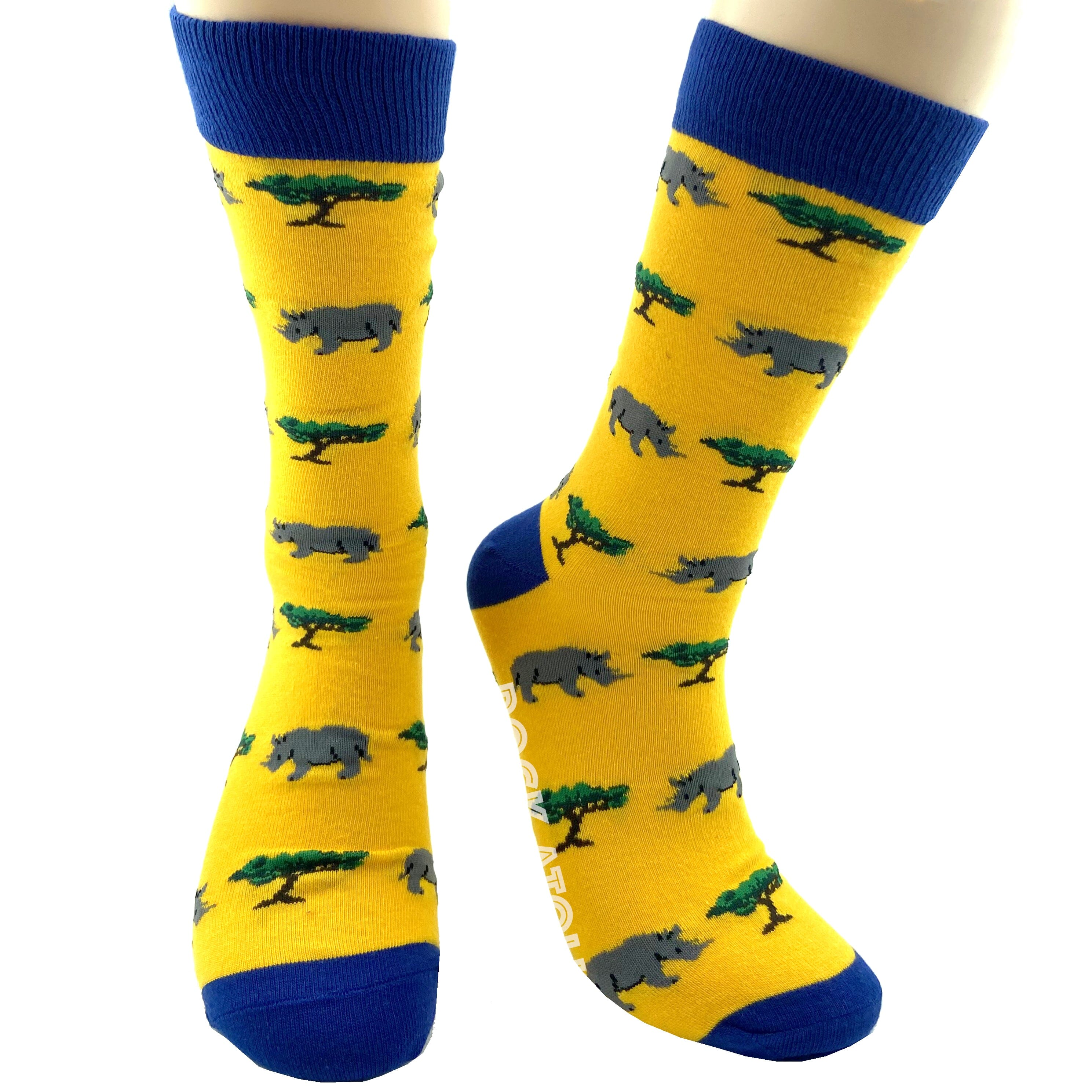 Bright Yellow Fun Rhinoceros Rhino Patterned Novelty Crew Dress Socks