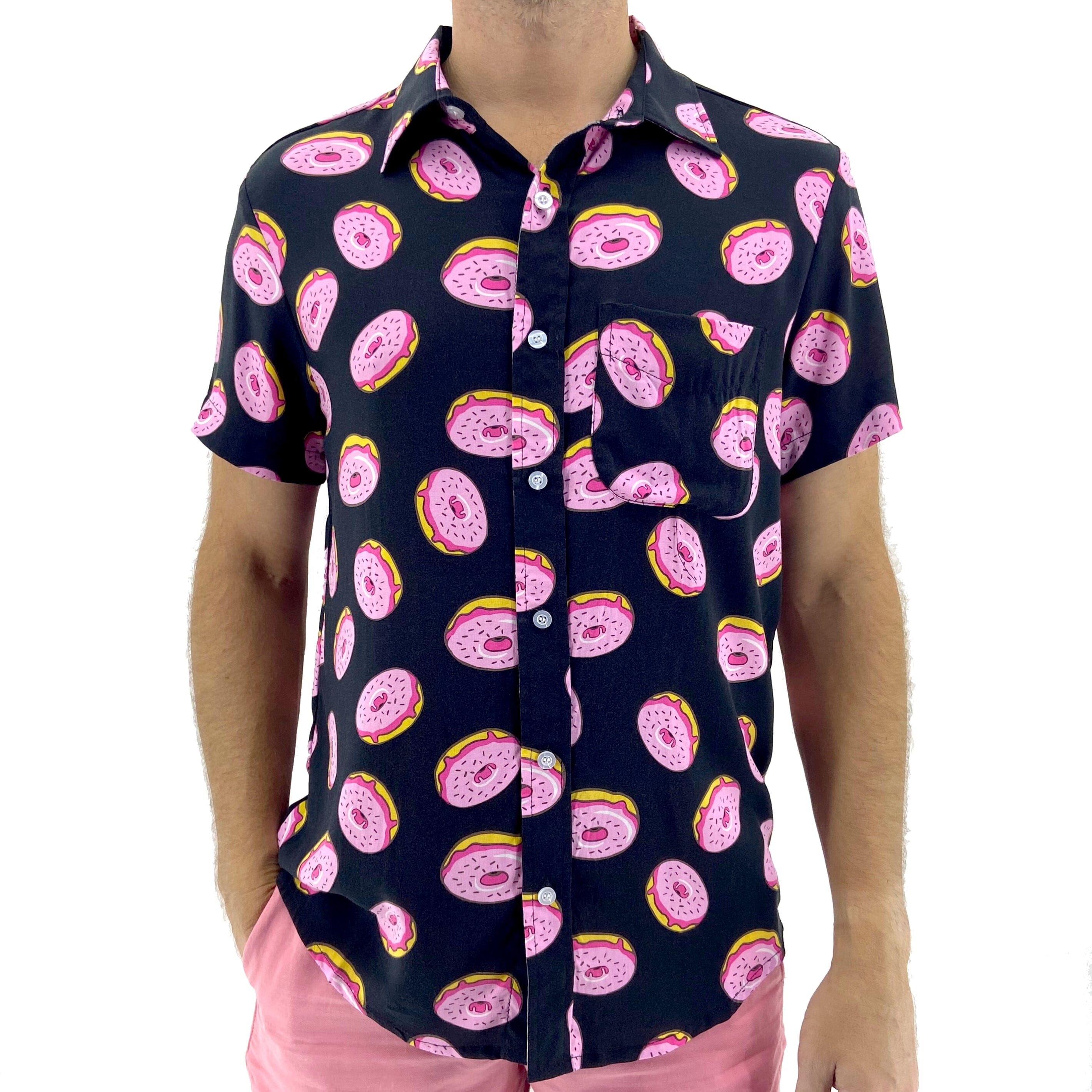 Men's Food Themed Sugary Donut Patterned Button Down Hawaiian Shirt