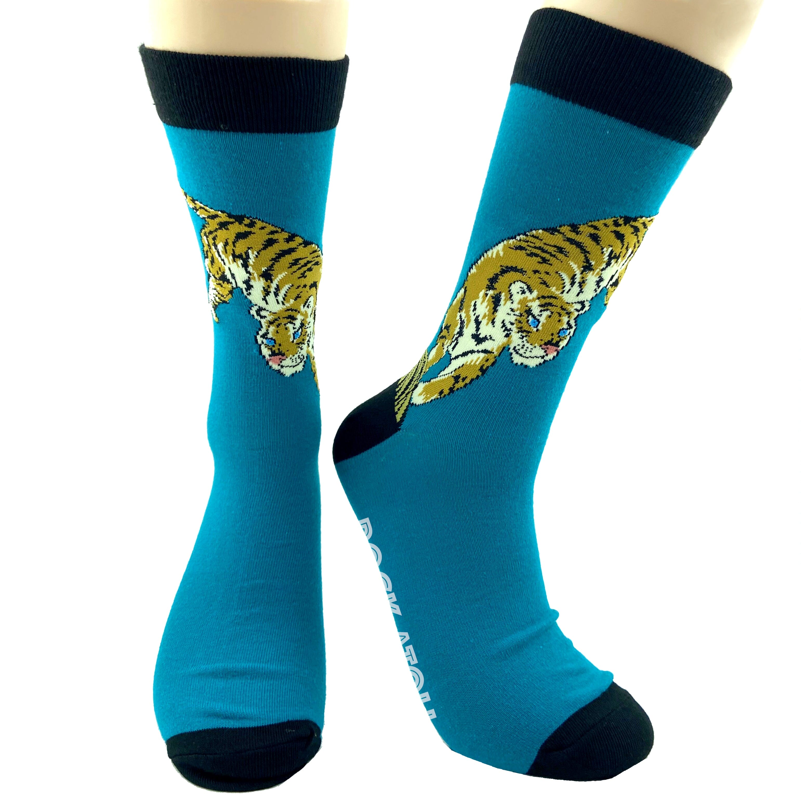 Stylish Teal Blue Tiger Patterned Unisex Novelty Crew Long Socks