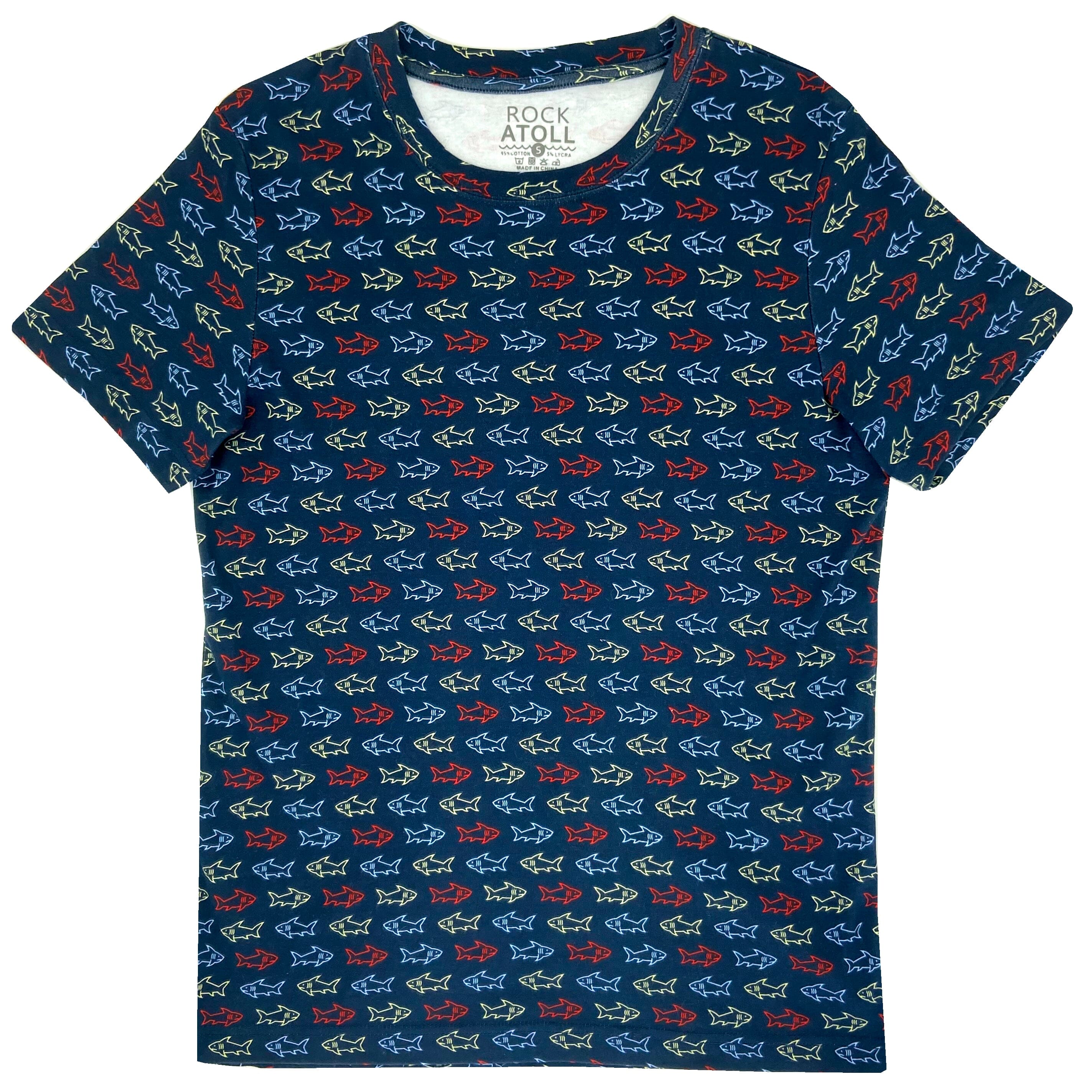 Men's Navy Blue Shark Patterned Novelty Print Cotton Crew Neck T-Shirt