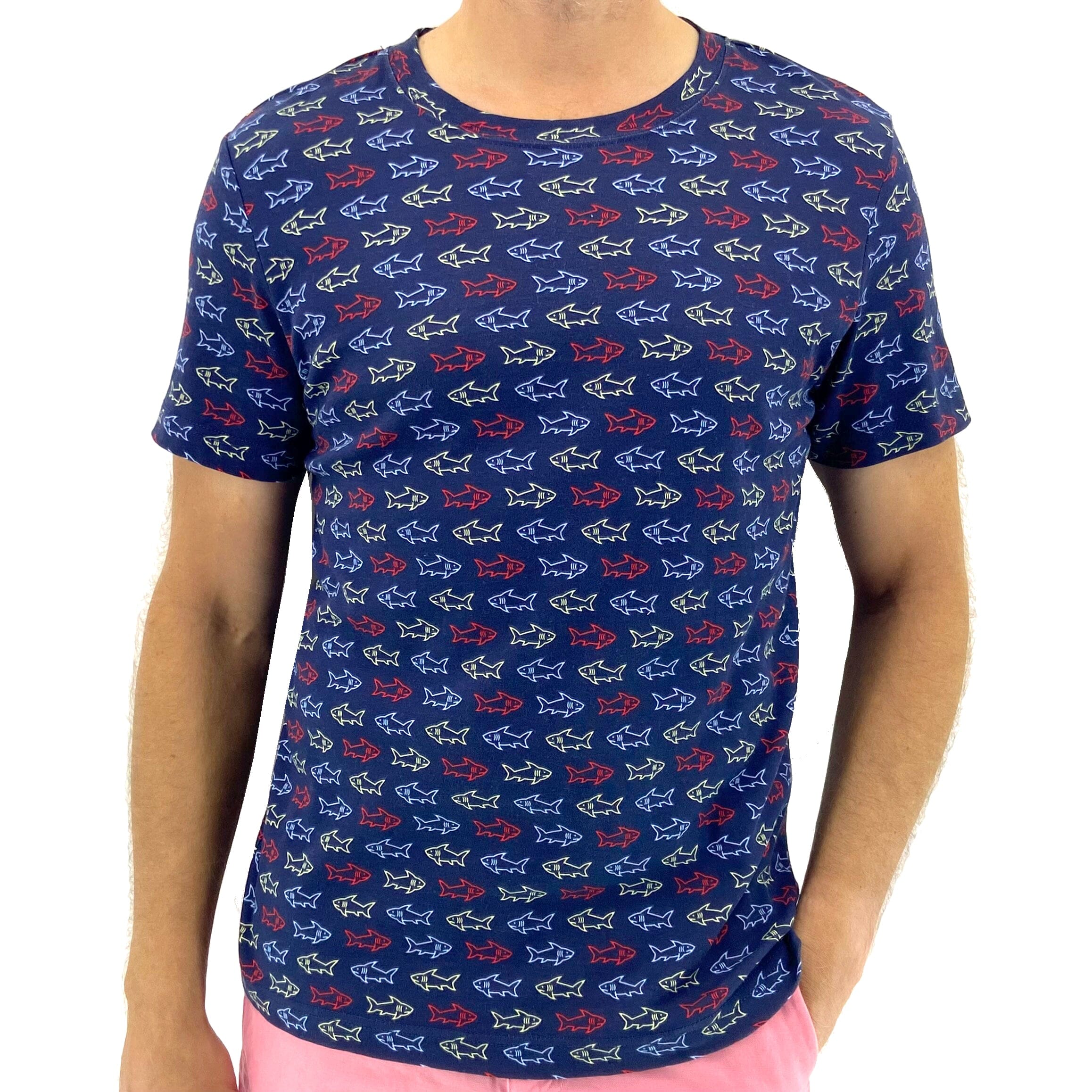 Men's Navy Blue Shark Patterned Novelty Print Cotton Crew Neck T-Shirt