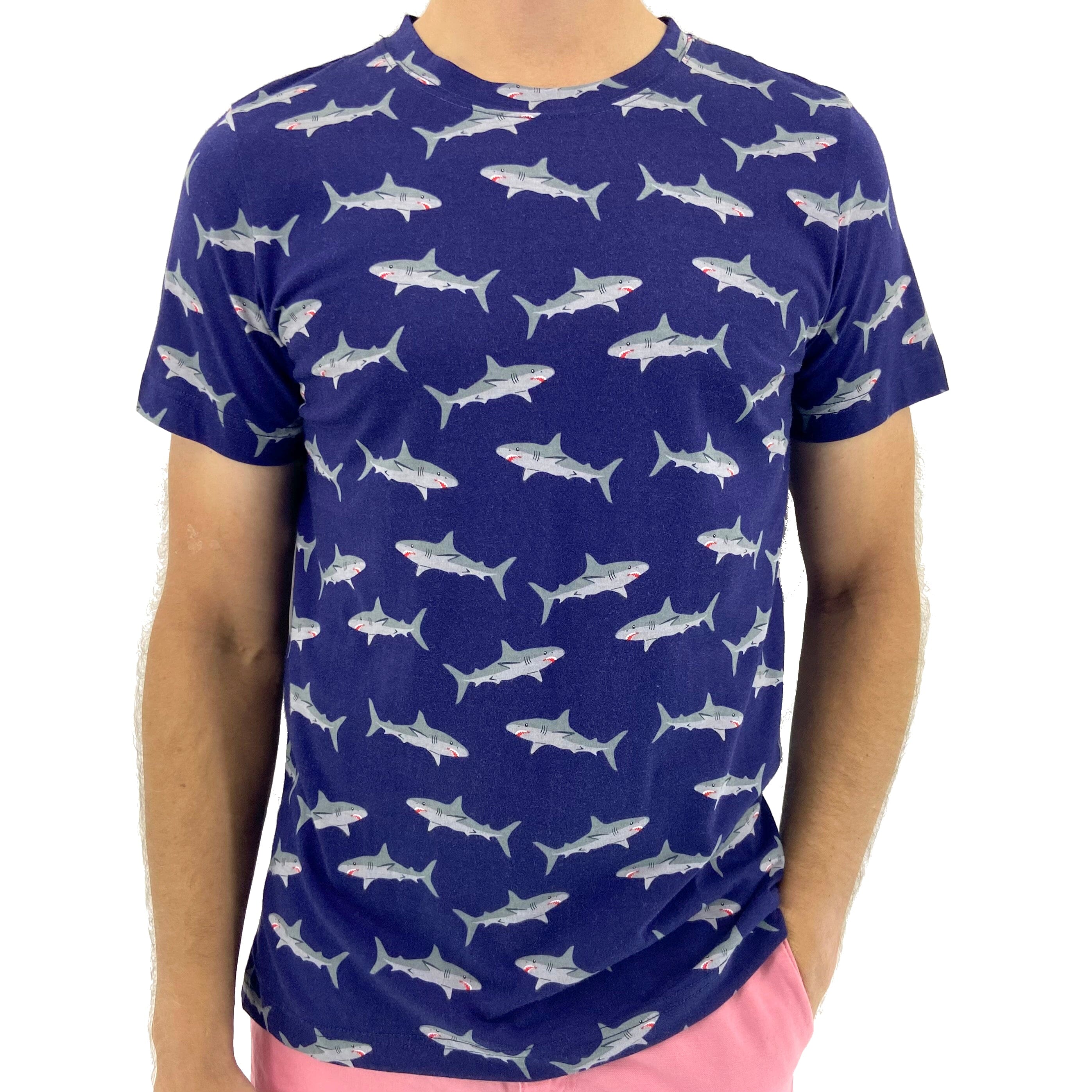 Men's Navy Blue Shark All Over Print Novelty Crew Neck T-Shirt Top