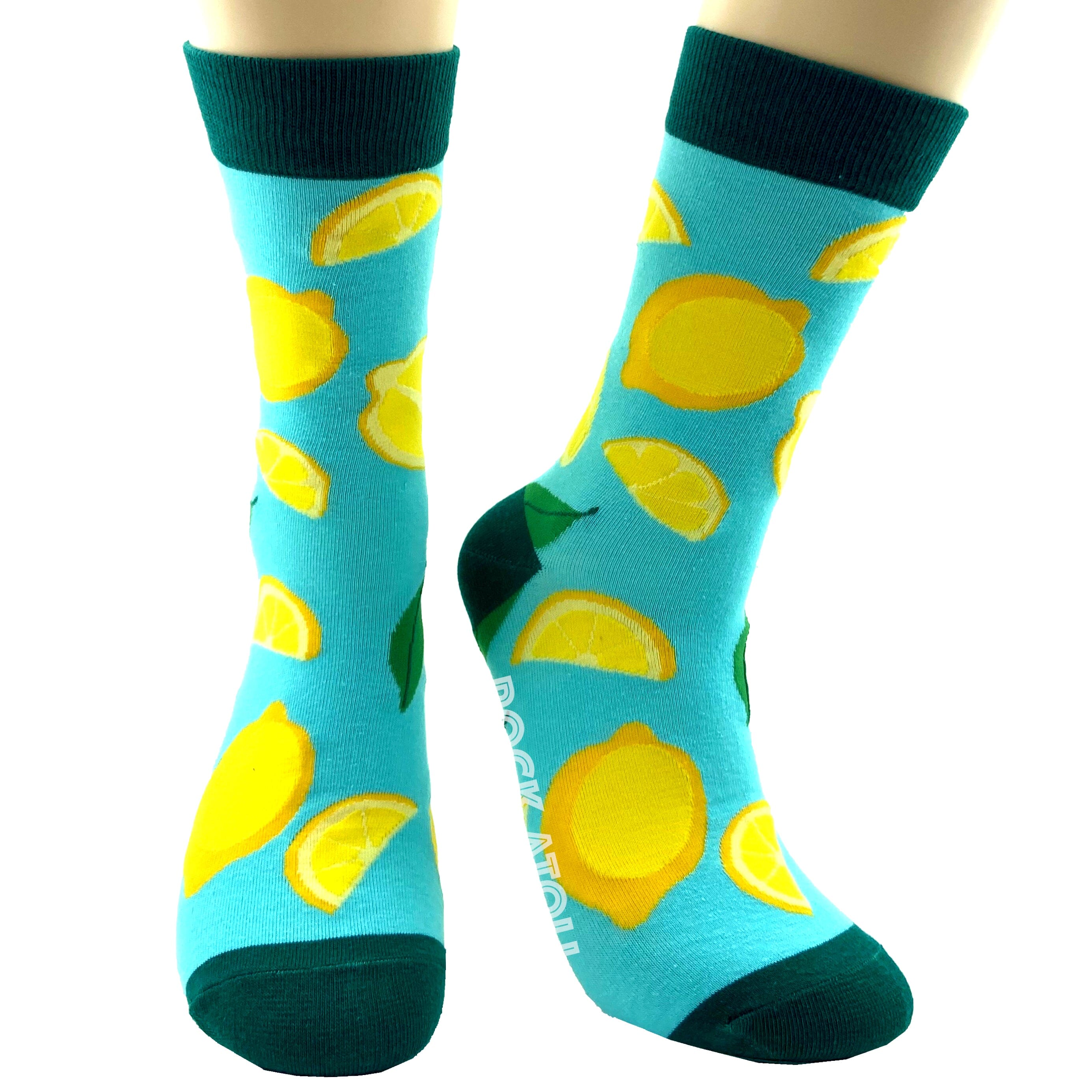 Bright Blue Tropical Fruit Juicy Lemon Zesty Patterned Crew Socks