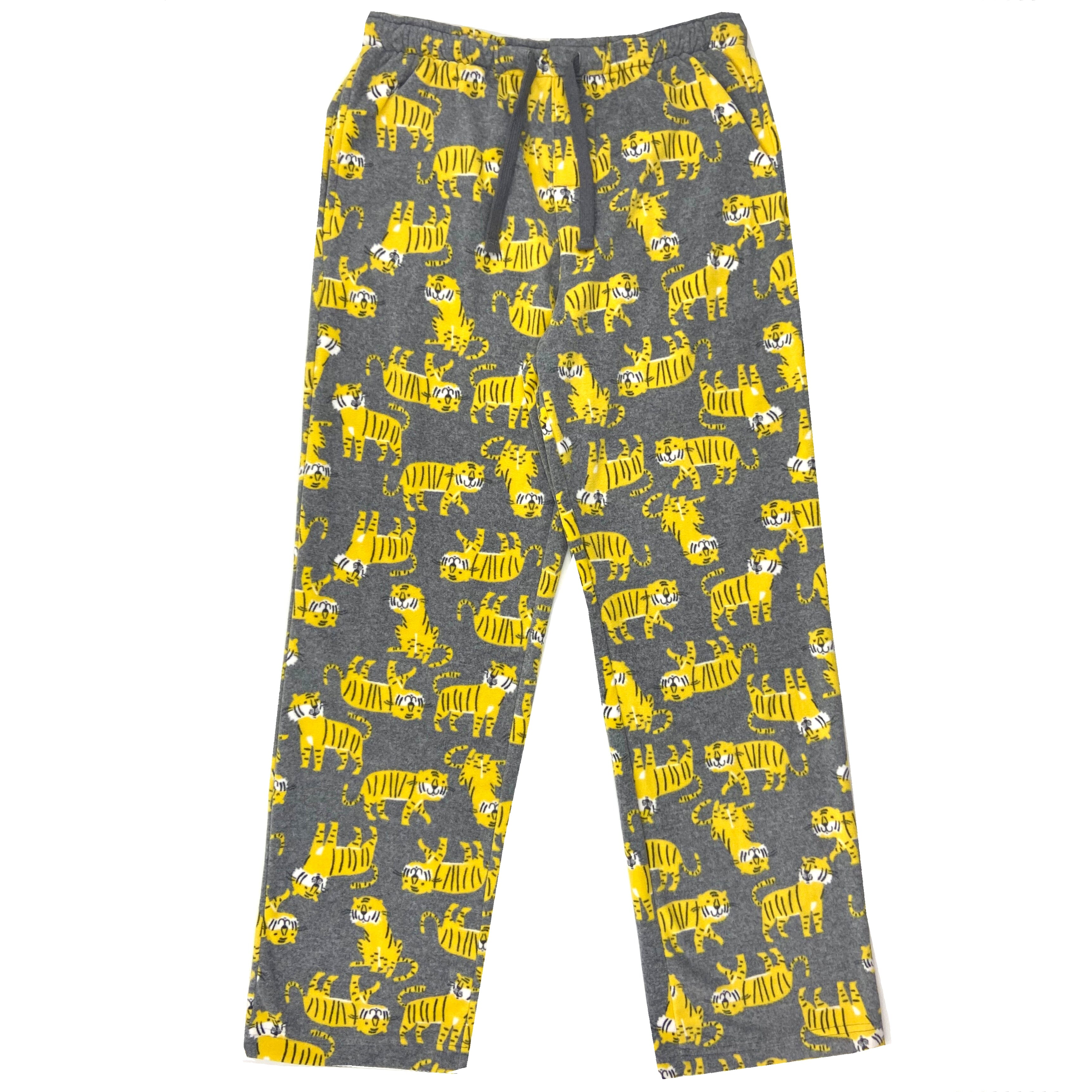 Men's Light Grey Warm Soft Fleece Pajama Bottoms with Tigers All Over