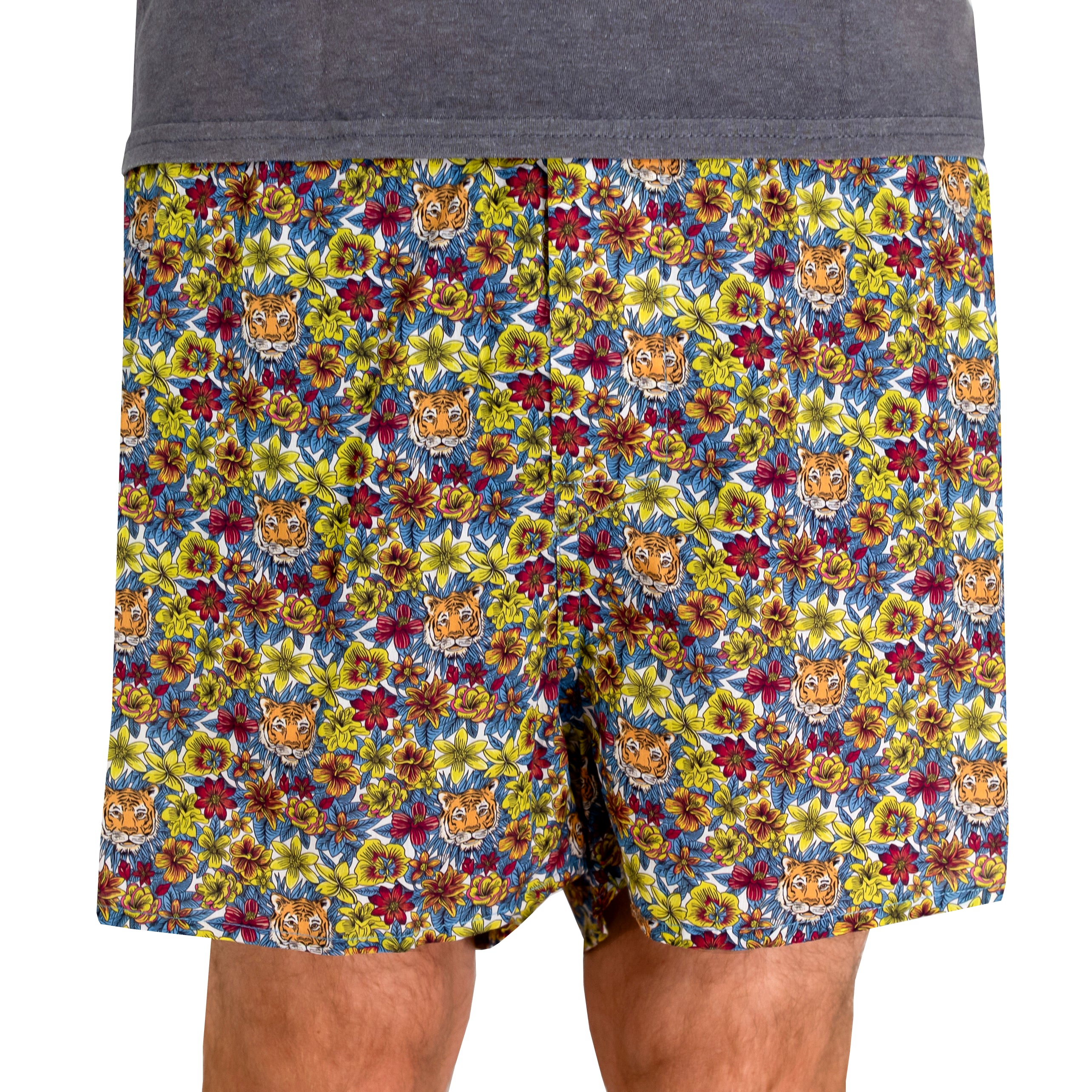 Men's Floral Tiger Faces All Over Print Breathable Cotton Boxer Shorts