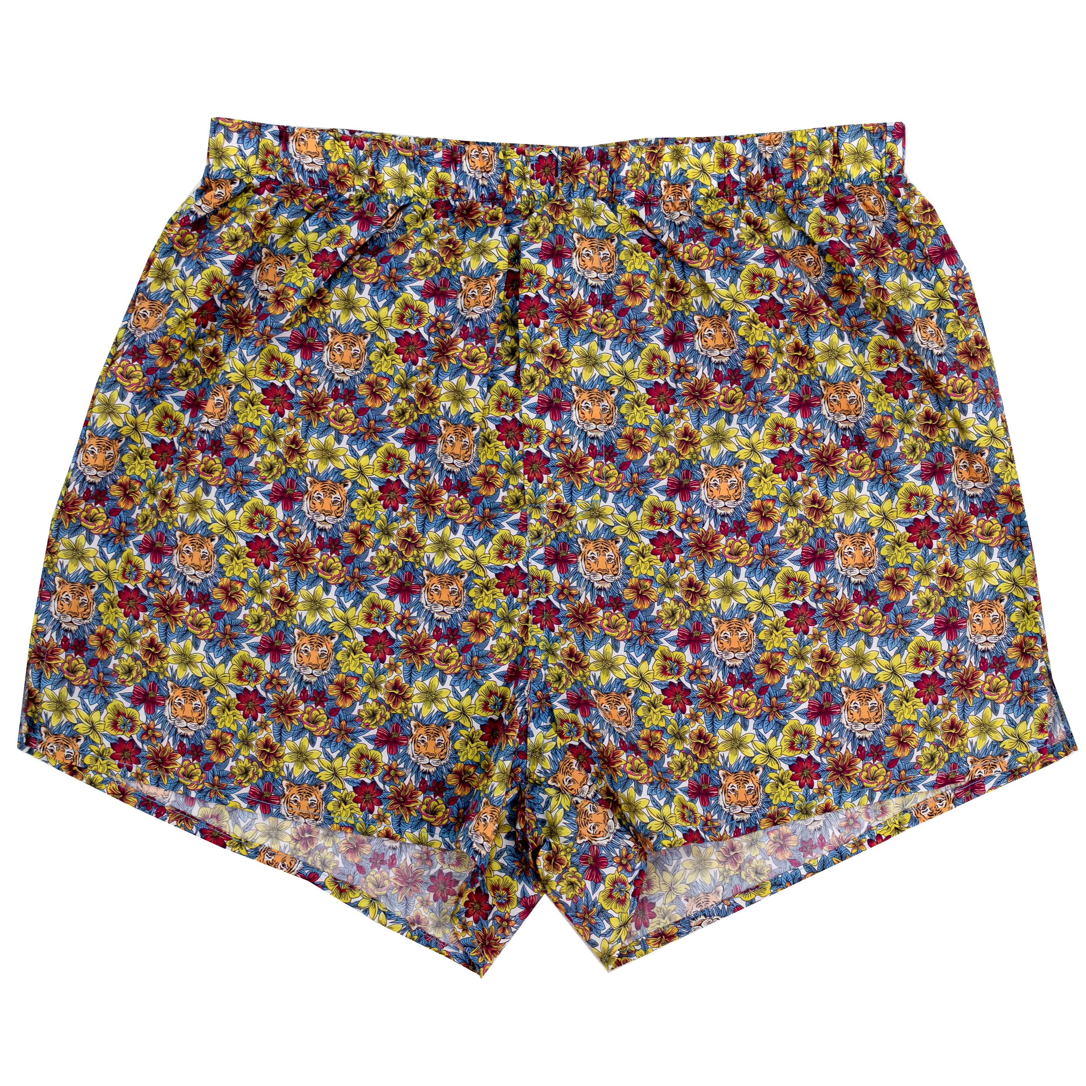 A pair of men's boxer shorts featuring a dense, all-over retro floral pattern in yellow, blue, red, and orange, displayed flat against a solid white background.
