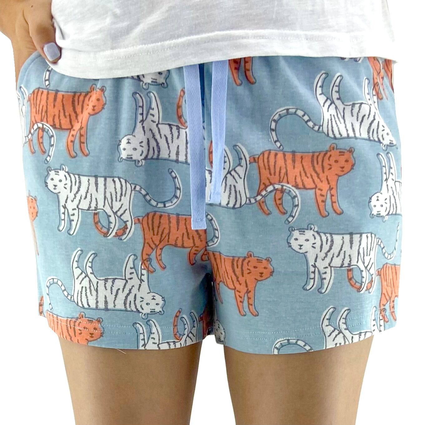 Women's Cartoon Tiger Cat Patterned Cotton Knit PJ Pyjama Shorts