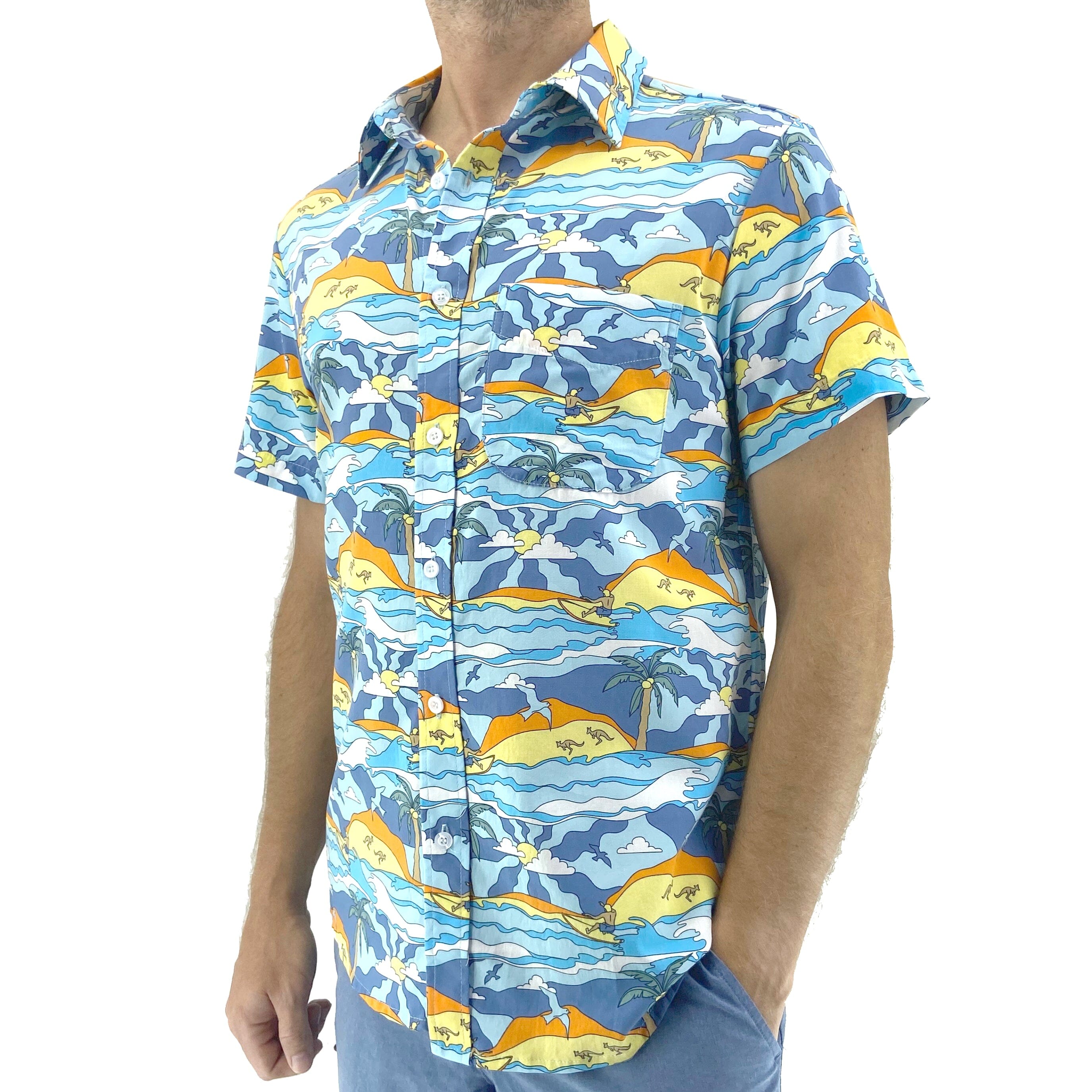 Men's 60's Inspired Trippy Surfer Patterned Button Down Hawaiian Shirt