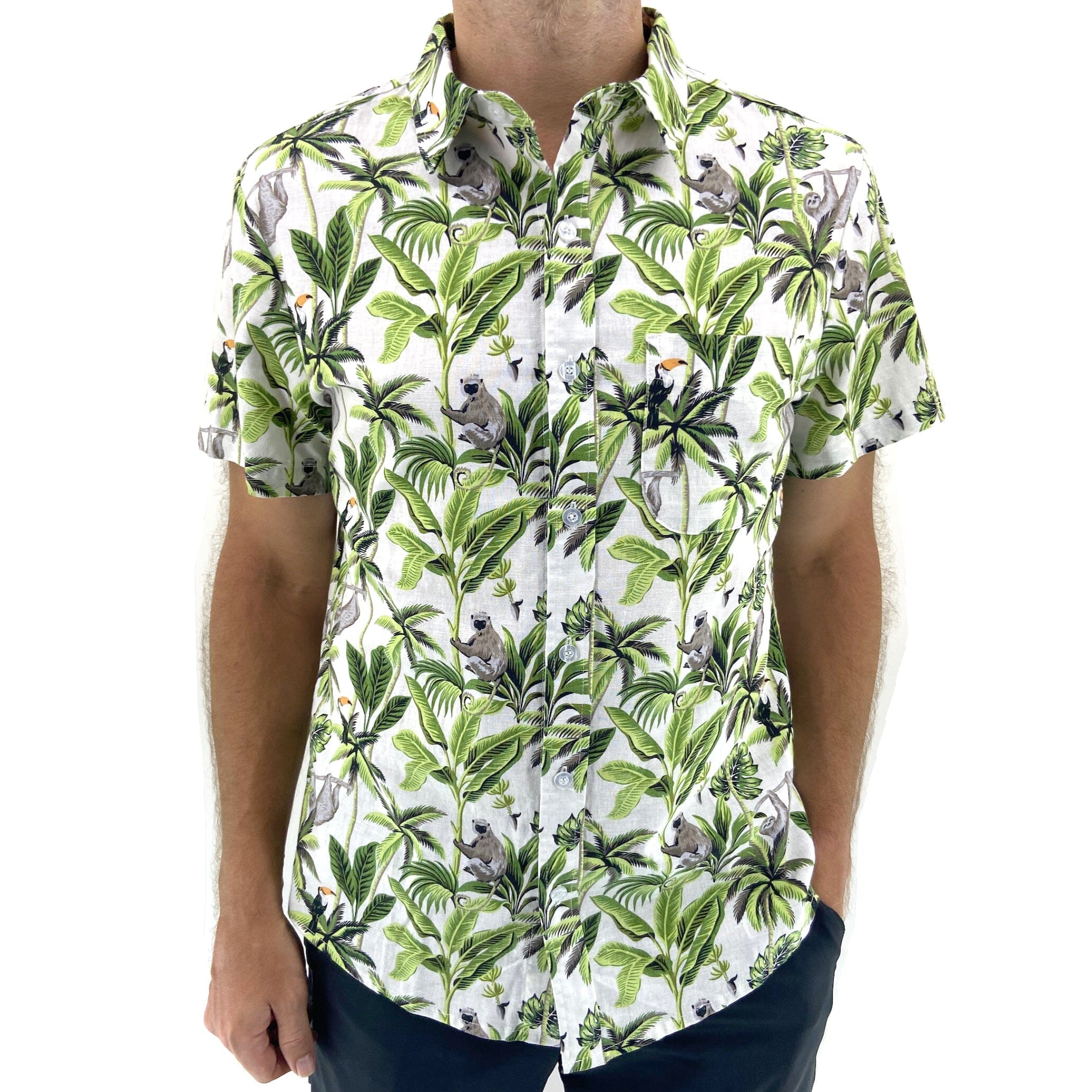 Men's Leafy Toucan Monkey Sloth All Over Print Linen Button Down Shirt