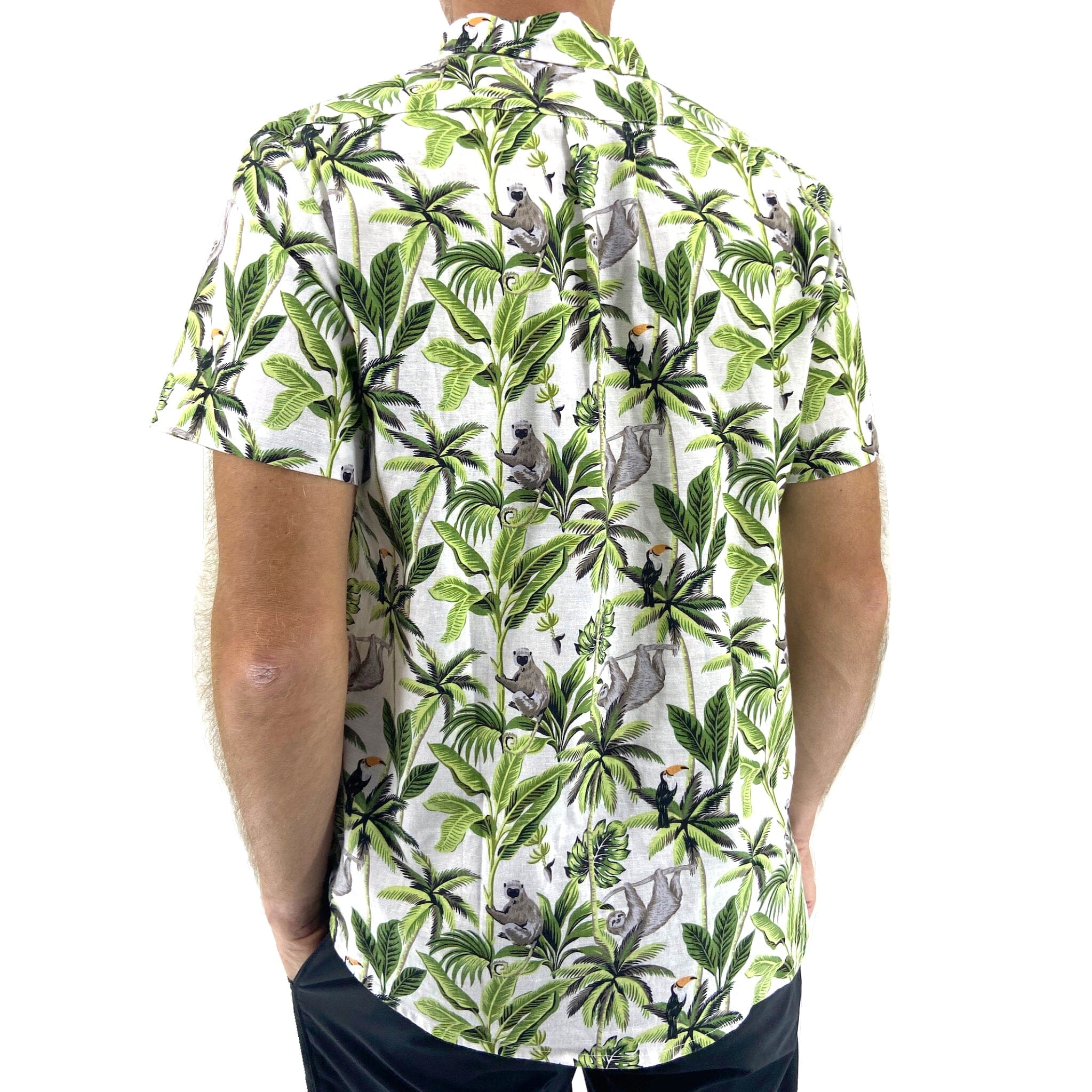 Men's Leafy Toucan Monkey Sloth All Over Print Linen Button Down Shirt