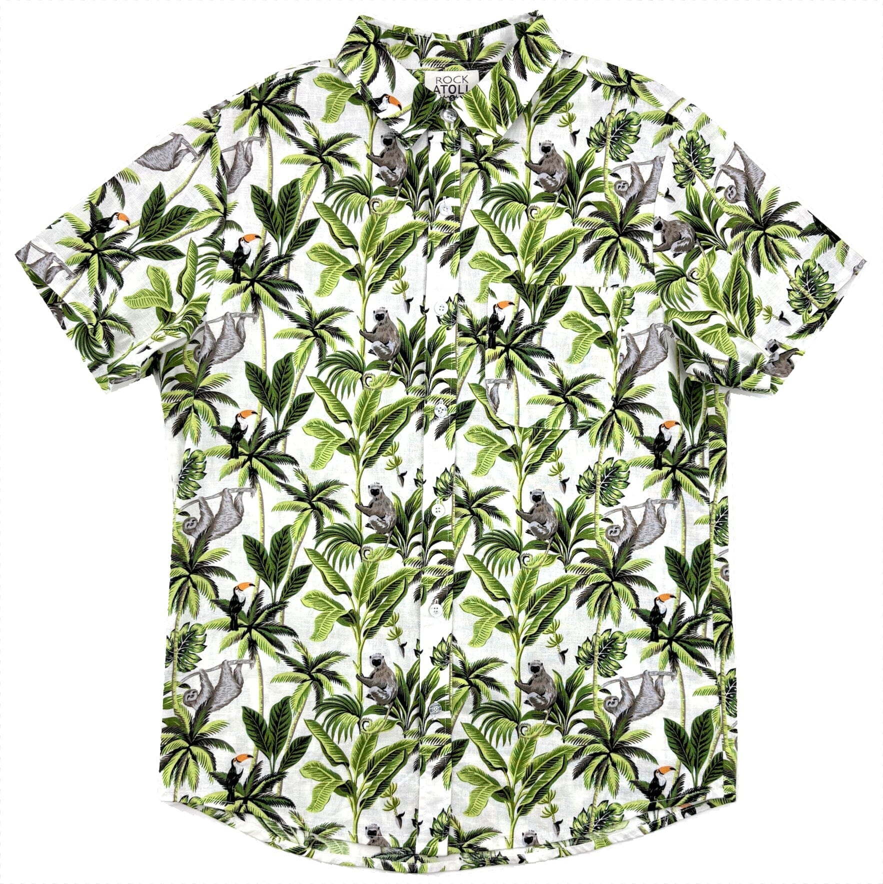Men's Leafy Toucan Monkey Sloth All Over Print Linen Button Down Shirt