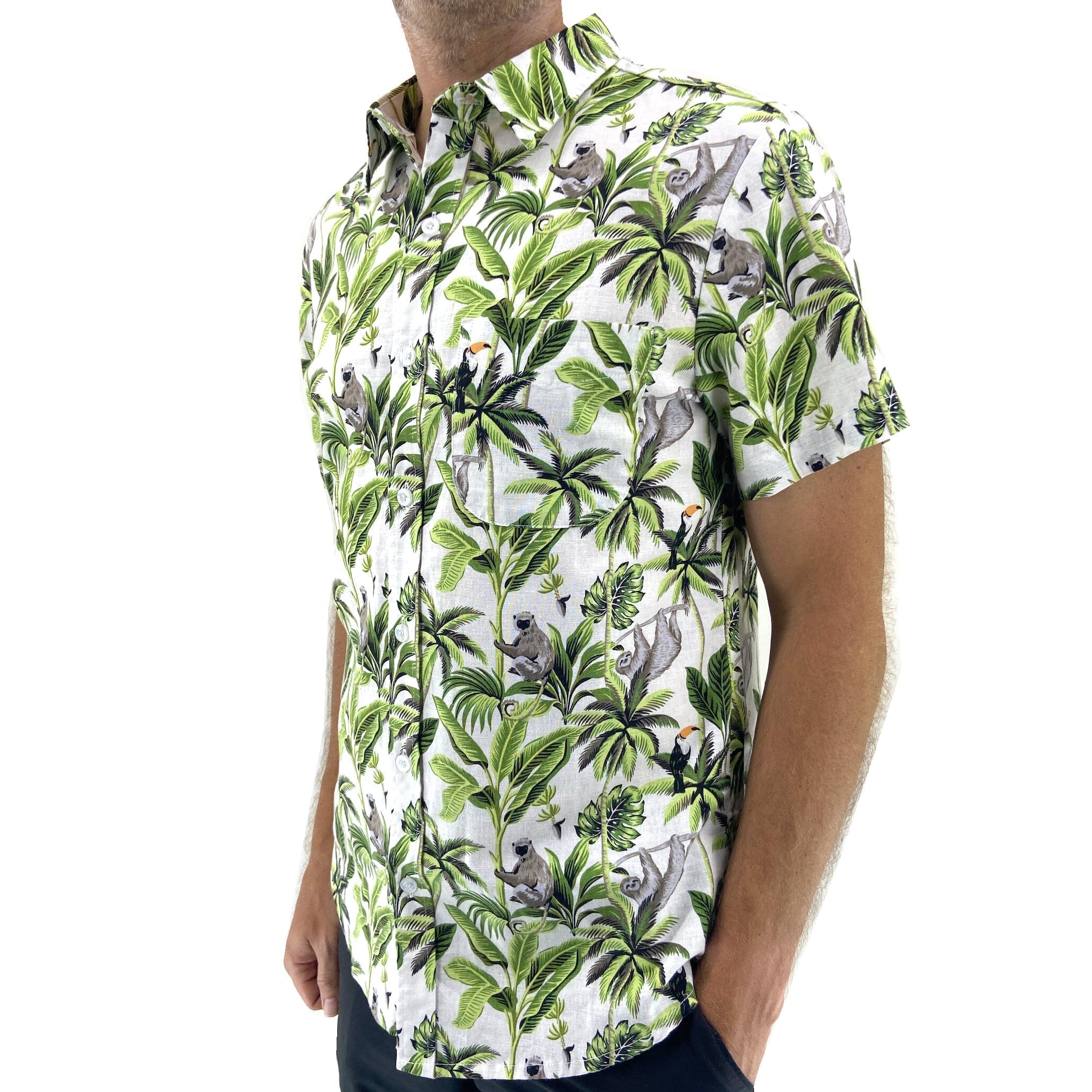 Men's Leafy Toucan Monkey Sloth All Over Print Linen Button Down Shirt
