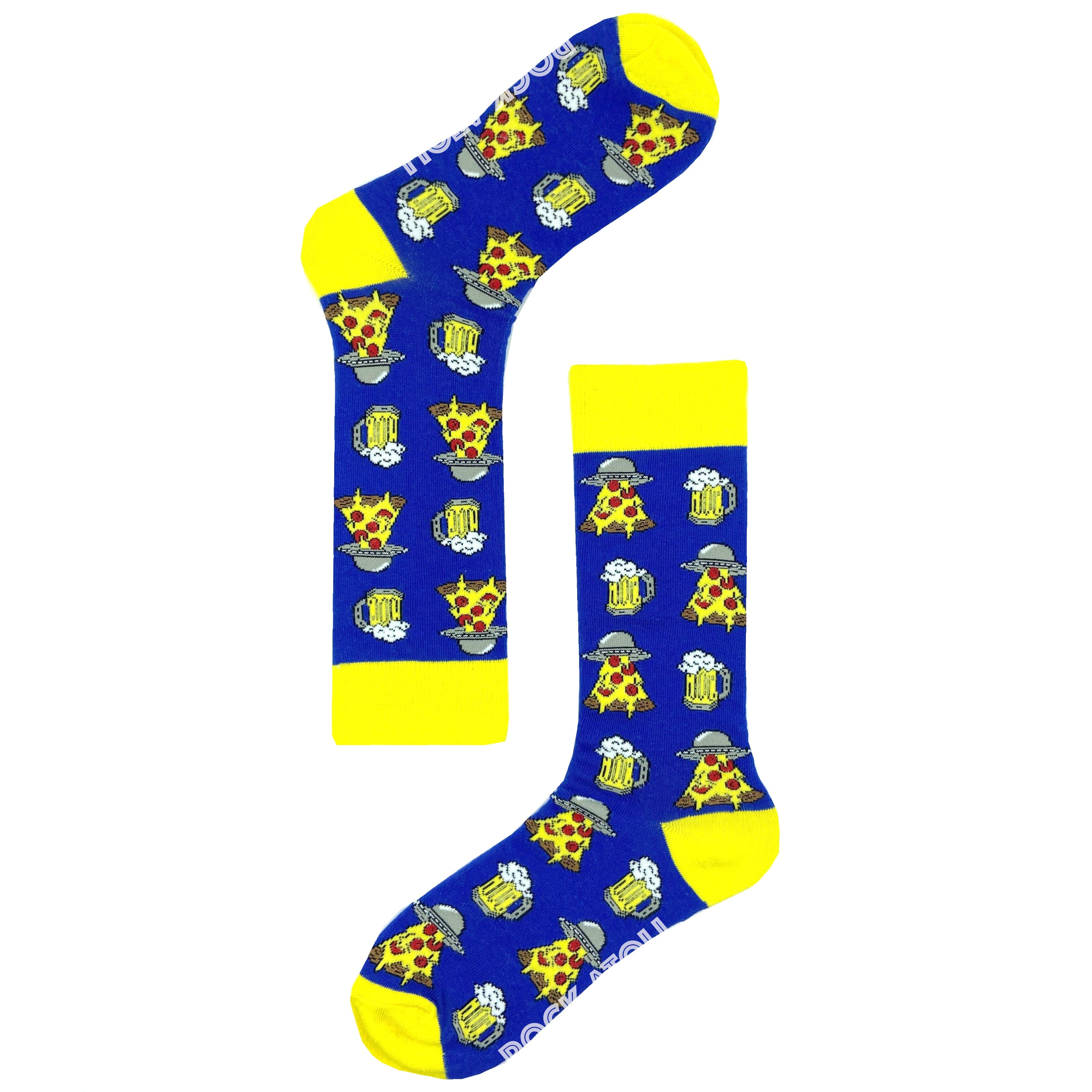 Unisex UFOs Beaming Down Pizza and Beer Patterned Novelty Crew Socks