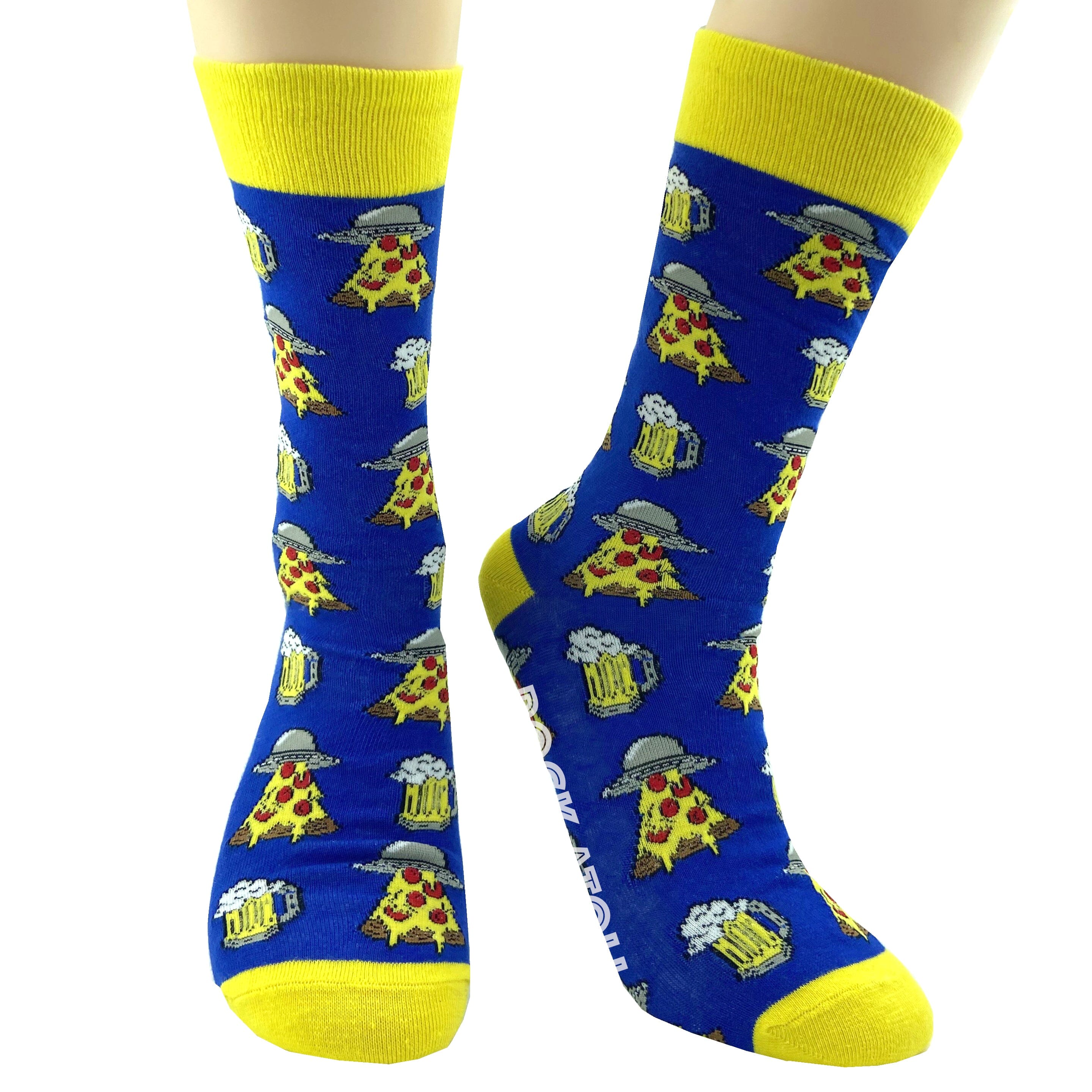 Unisex UFOs Beaming Down Pizza and Beer Patterned Novelty Crew Socks