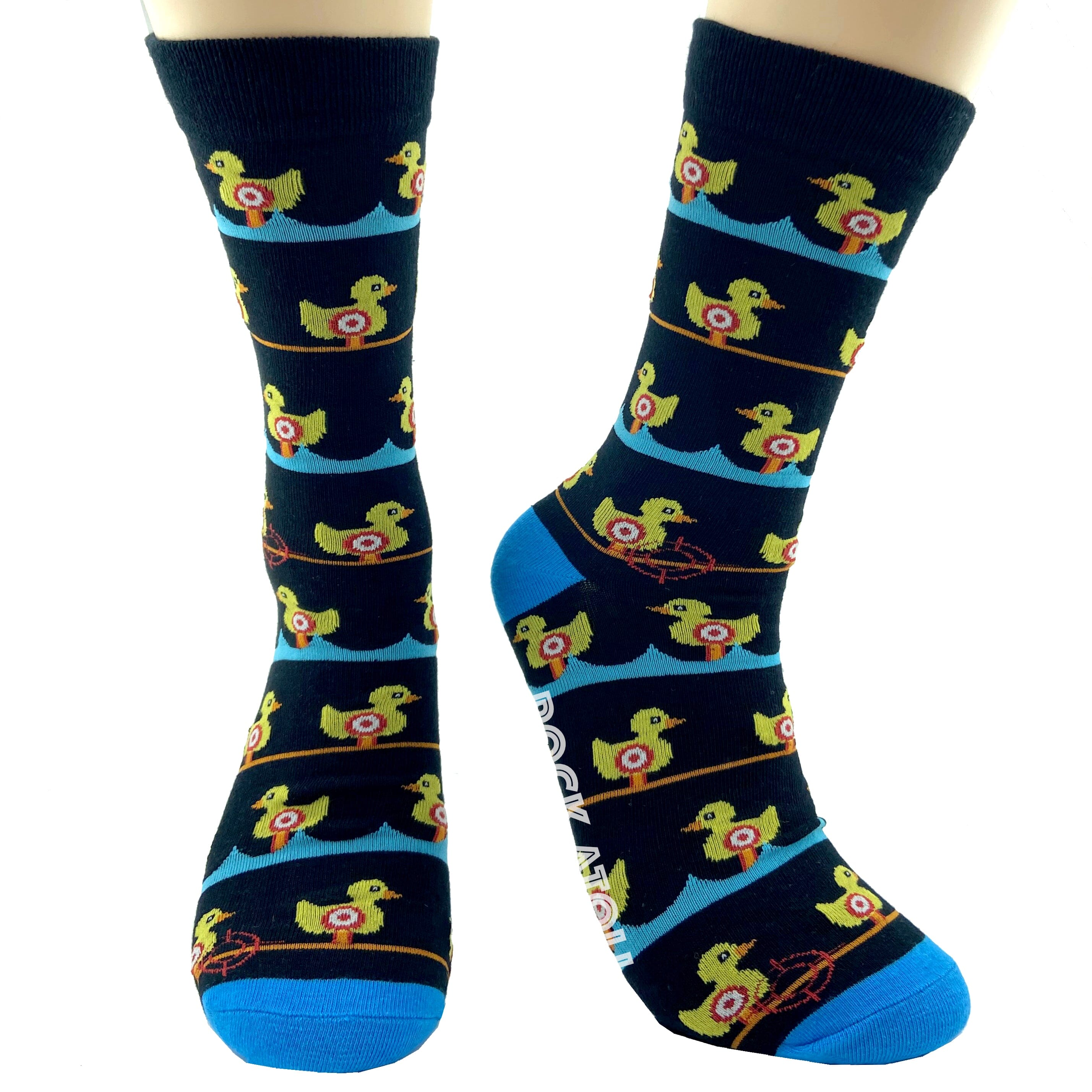 Black Unisex Yellow Duck Target Practice Patterned Novelty Crew Socks