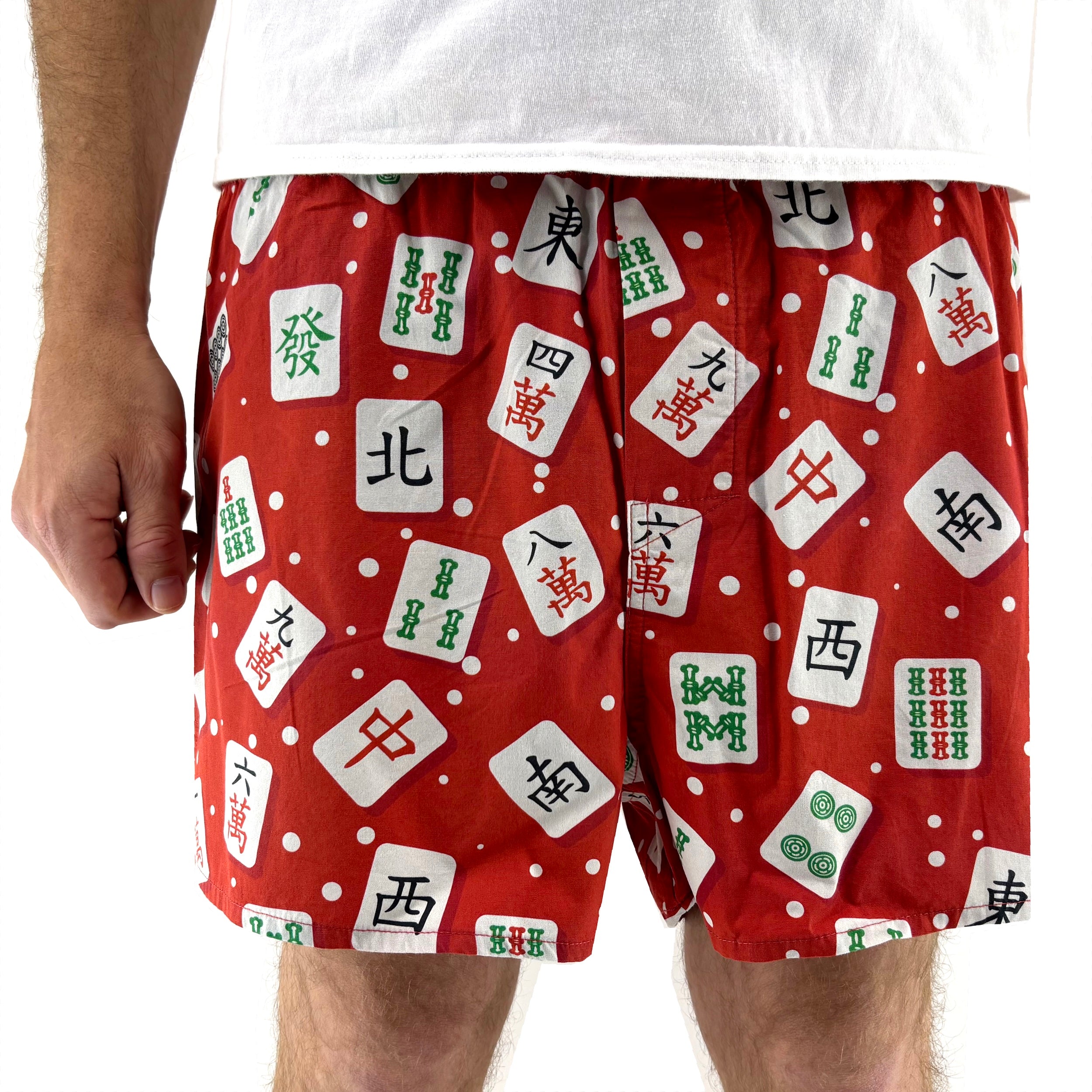 Men's Mahjong Tiles All Over Print Patterned Cotton Boxer Shorts in Red