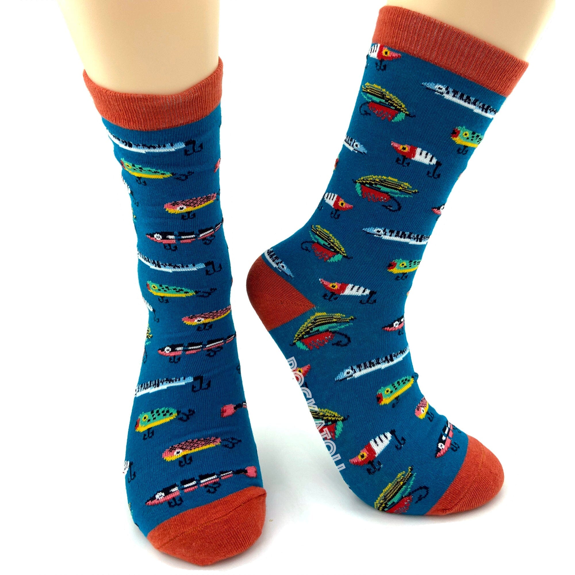 Blue Unisex Fishing Lure Bait Patterned Outdoorsy Novelty Crew Socks