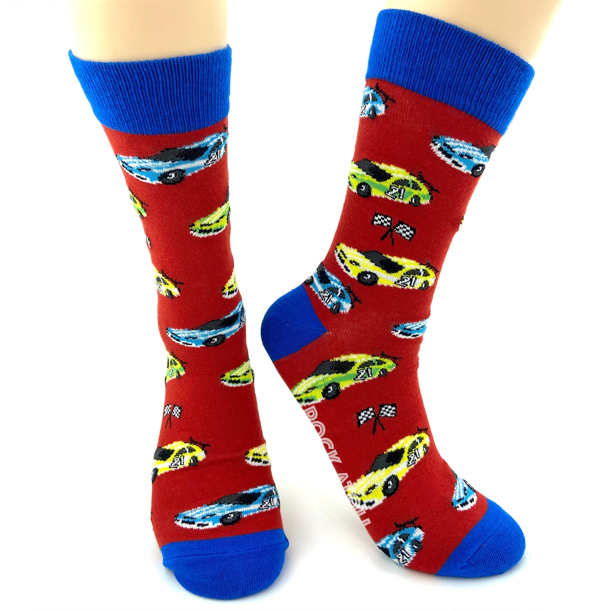 Bright Red Unisex Pit Stop Fancy Race Car Themed Novelty Crew Socks