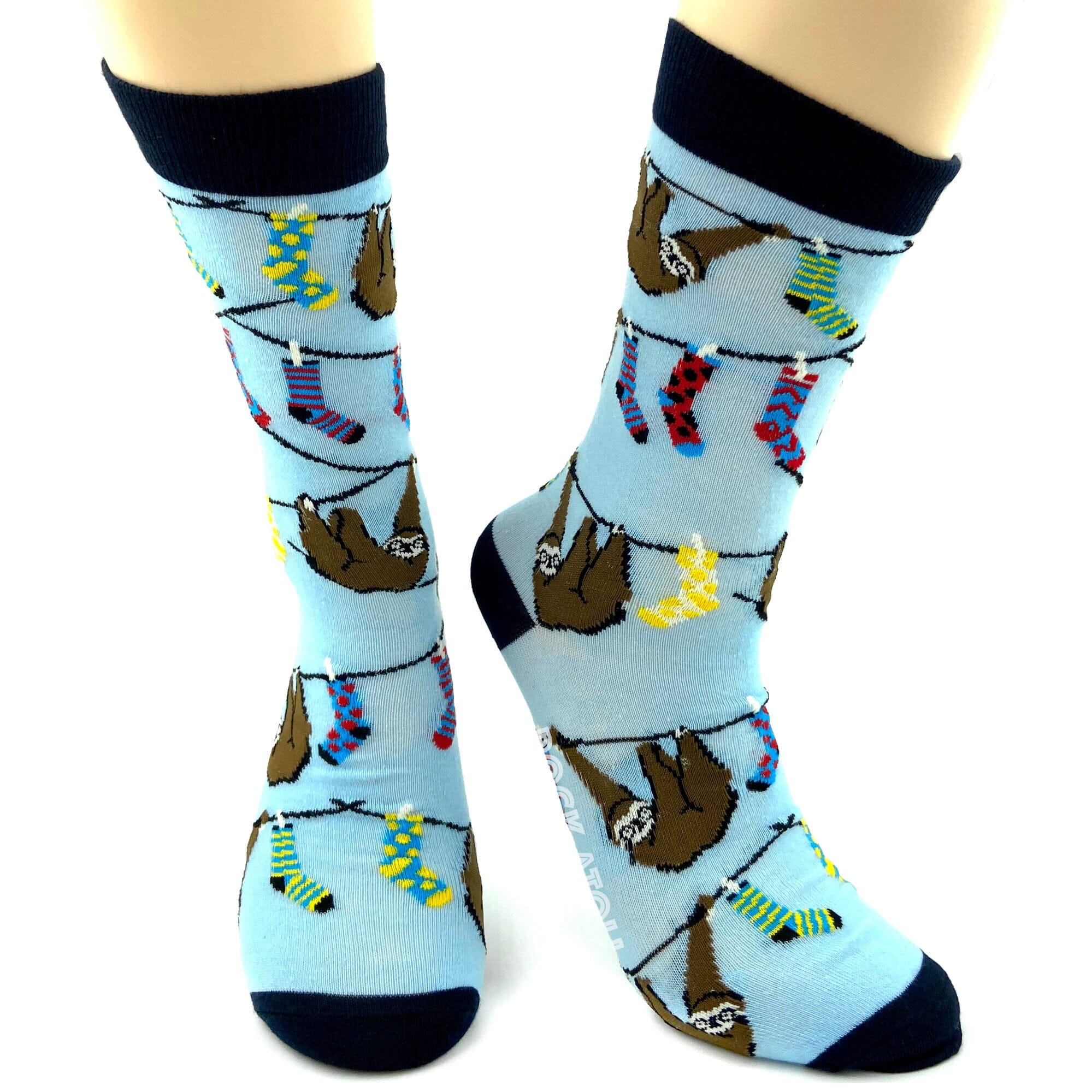 Cute Fun Sloths Dangling on Clothes Lines Patterned Novelty Crew Socks