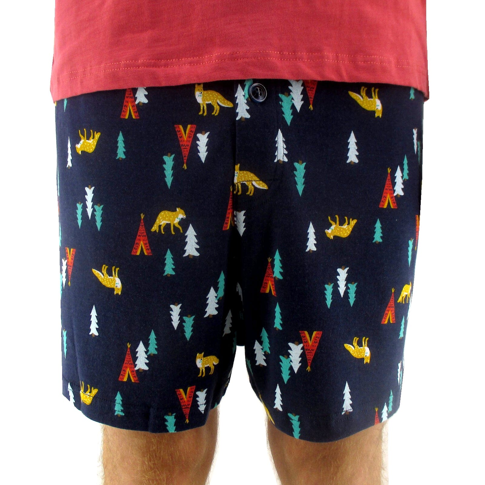 Men's Orange Fox & Teepee Tent Print Cotton Knit Boxer Pajama Shorts