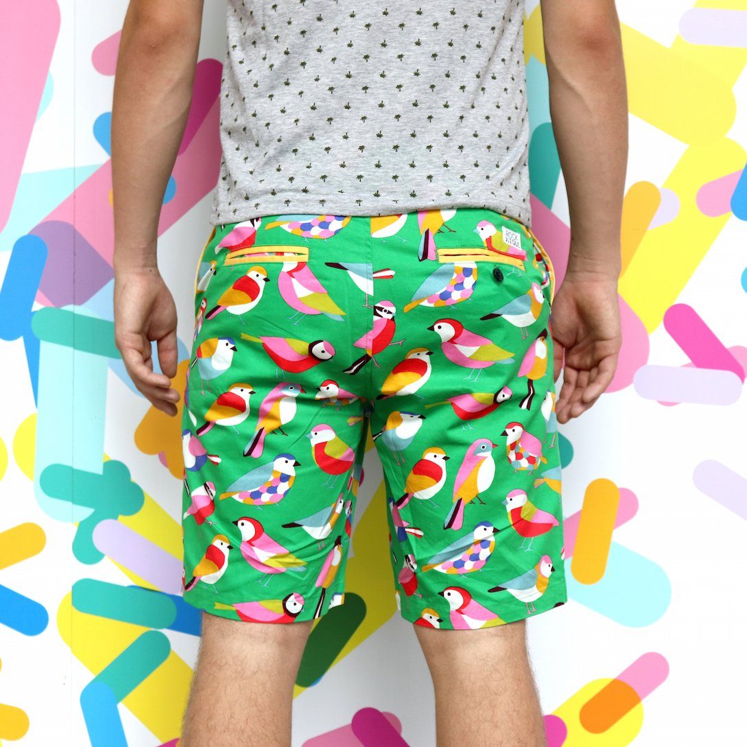 Colorful Bird All Over Print Flat Front Mens Shorts in Green