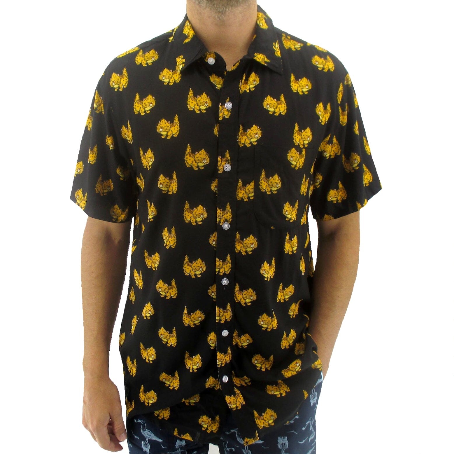 Men's Grumpy Kitty Cat Printed Black Button Down Short-Sleeve Shirt