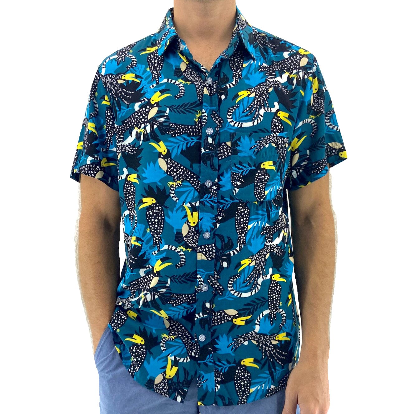 Men's Unique Toucan Bird Floral Leaves Print Button Up Hawaiian Shirt