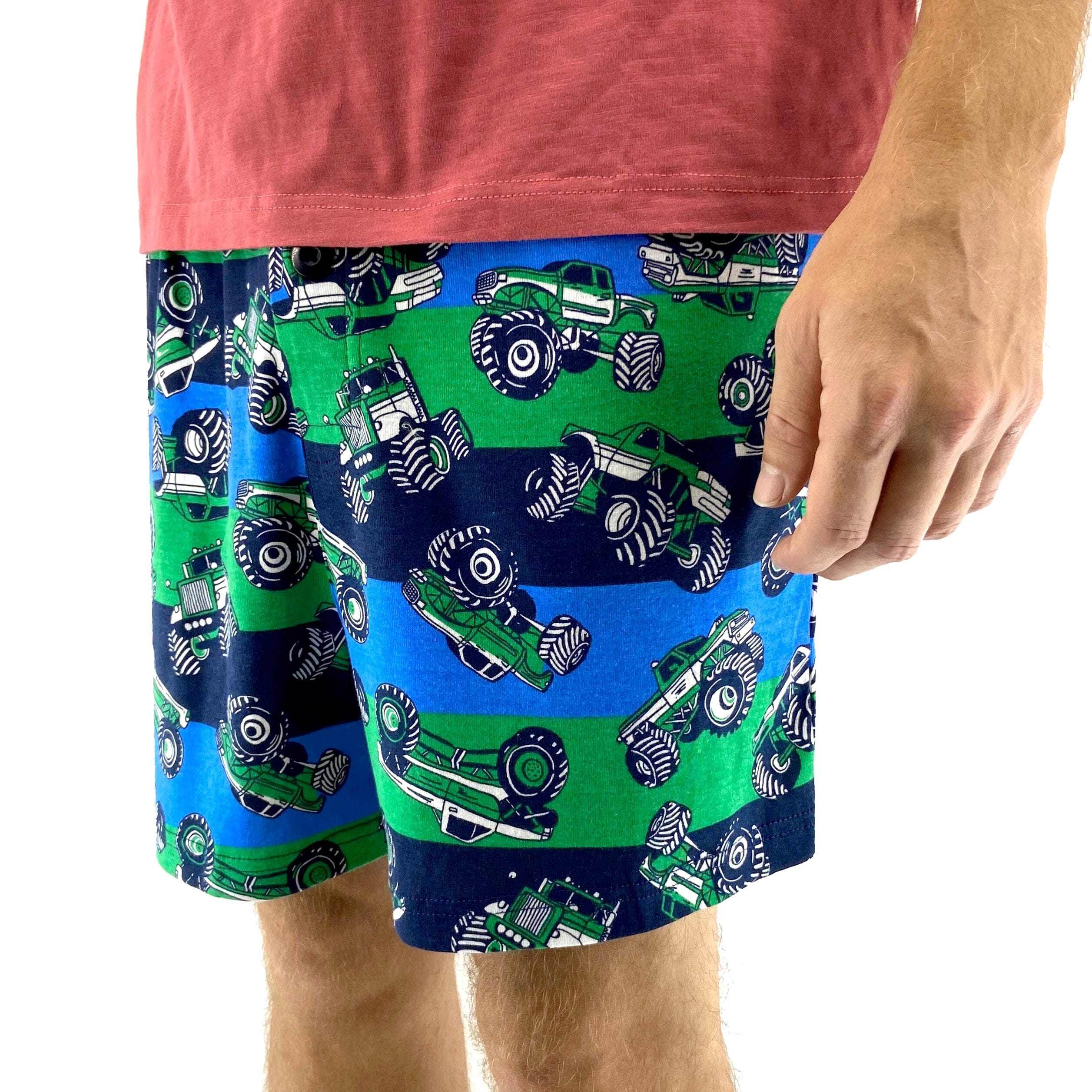 Men's Striped Monster Truck All Over Print Drawstring Pajama Shorts