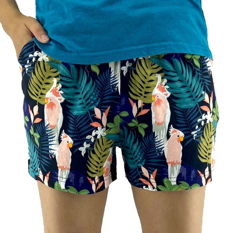 Women's Cockatiel Tropical Leaves Bird Print Jersey Knit Pyjama Shorts