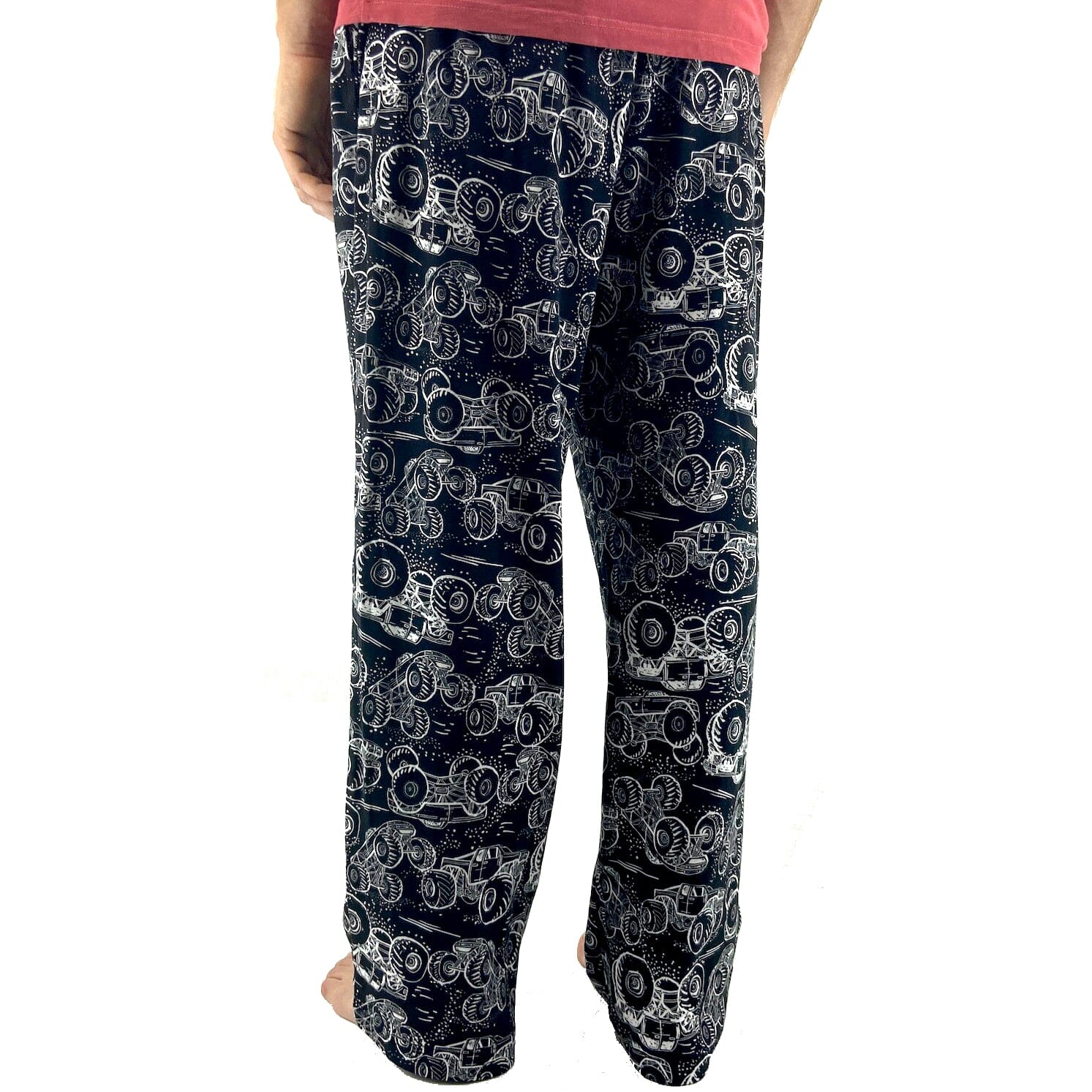 Men's Black Monster Truck Patterned Cotton Knit Long Pajama PJ Pants