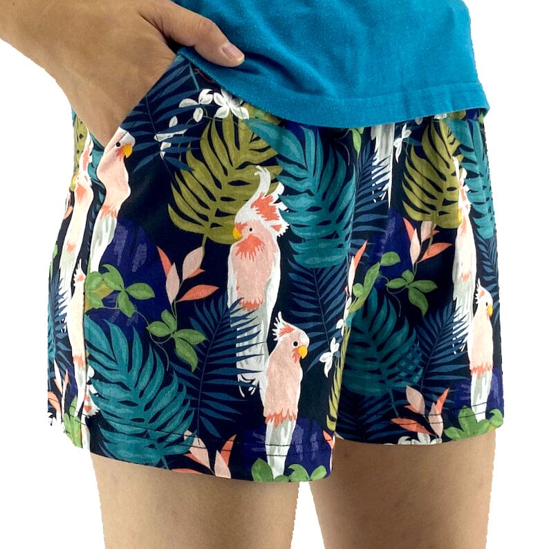 Women's Cockatiel Tropical Leaves Bird Print Jersey Knit Pyjama Shorts