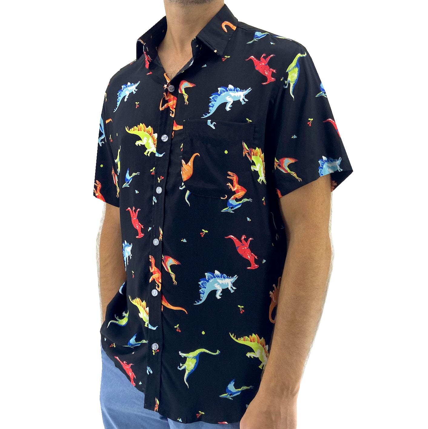 Men's Short-Sleeve Button-Up Hawaiian Aloha Shirts with Dinosaur Print