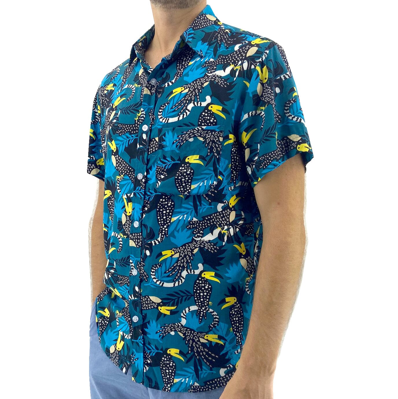 Men's Unique Toucan Bird Floral Leaves Print Button Up Hawaiian Shirt