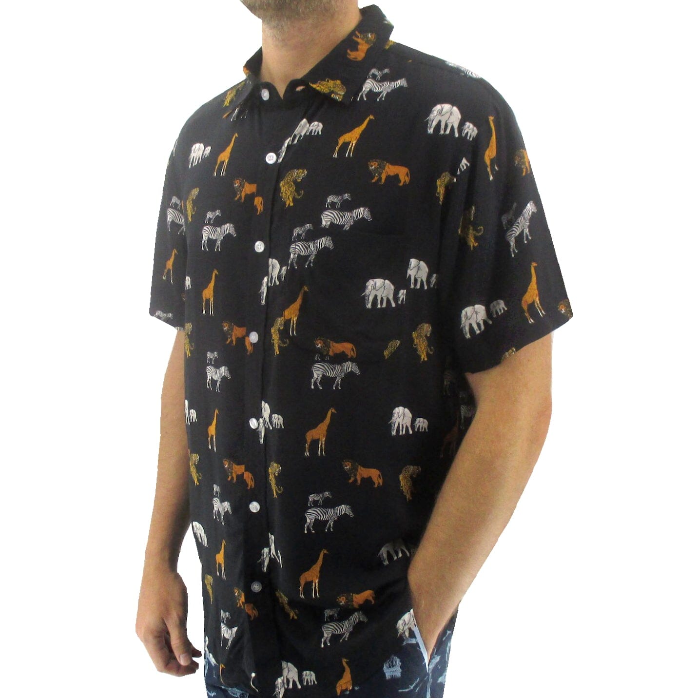 Men's Elephant Tiger Zebra All Over Print Hawaiian Button Down Shirt