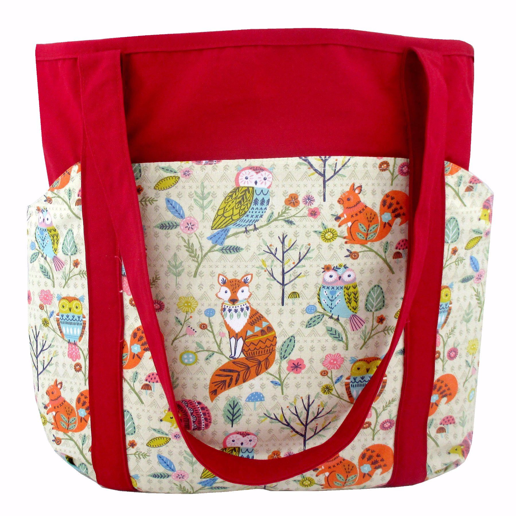 Red Owl Squirrel Fox Animal Print Large All Purpose Tote Bag with Pockets