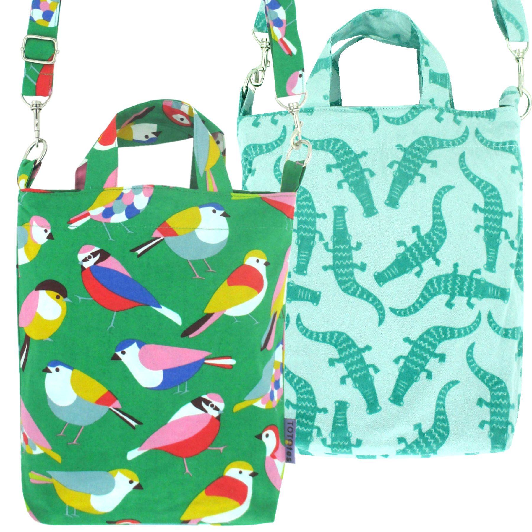 Pack of 2: Green Animal Themed Bird Crocodile Pattern Crossbody Top Handle Tote Duck Bag