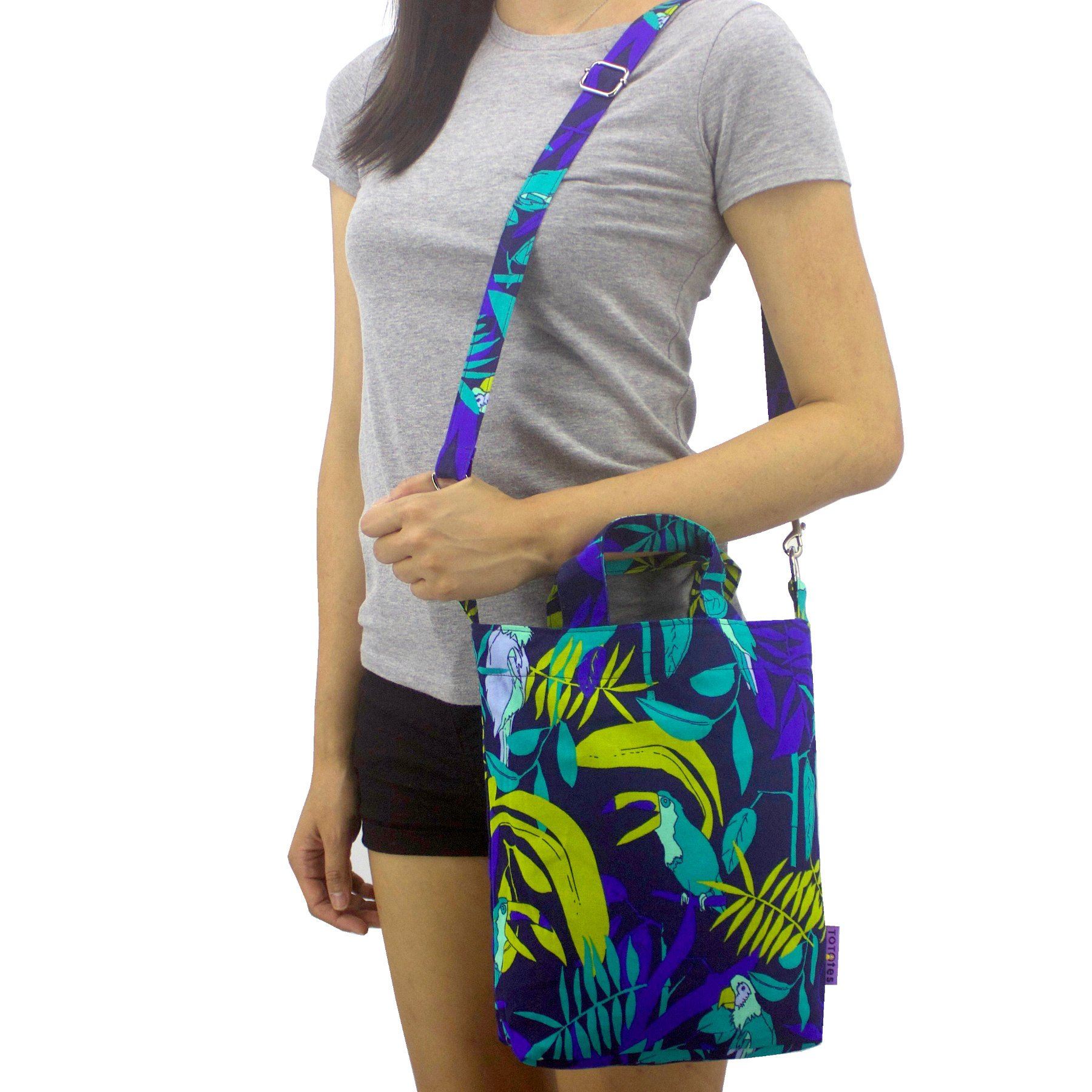 Blue Jungle Leaves Parrot Toucan Bird All Over Print Cotton Cross Body Duck Bag Tote