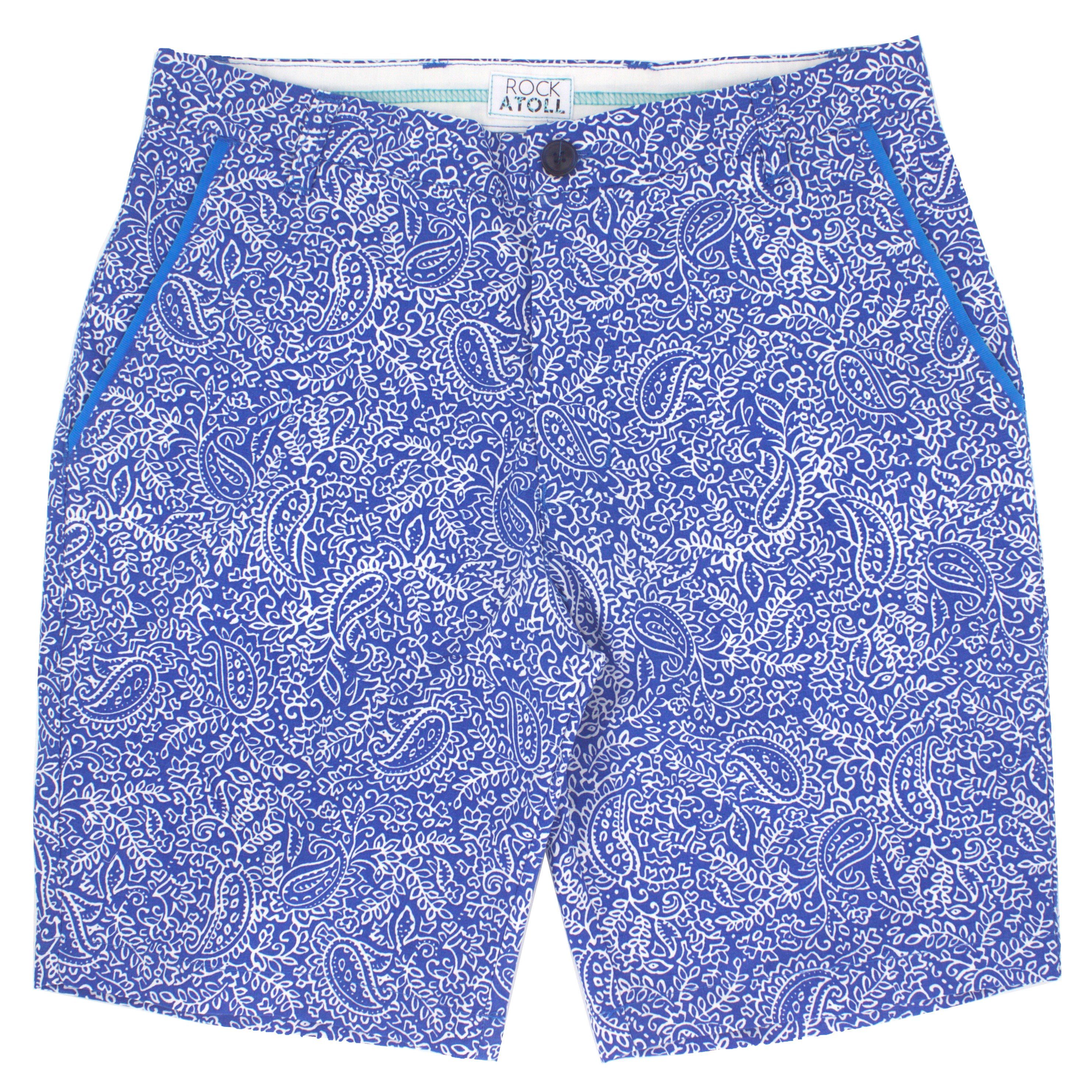 Bright Blue Paisley Print Flat Front Chinos for Men