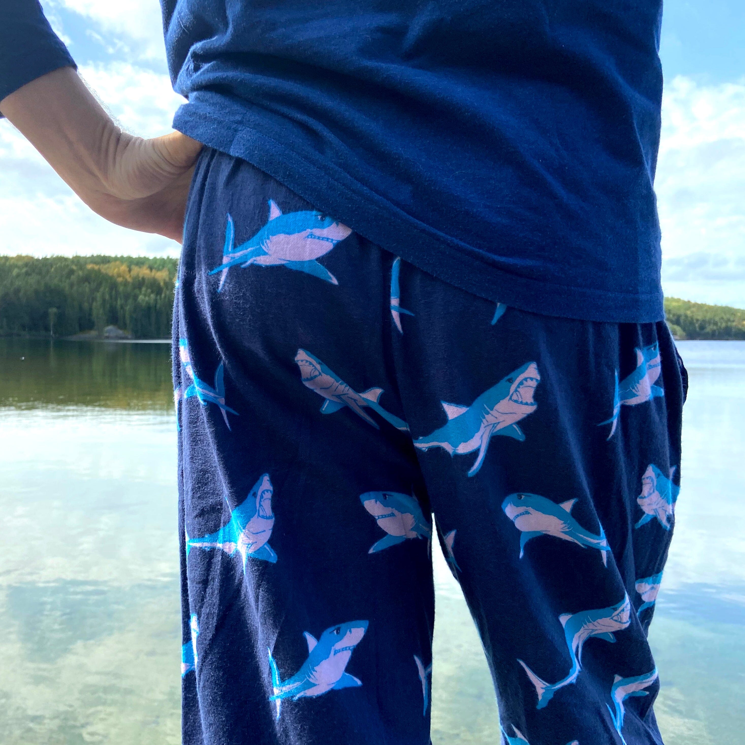 Men's Great White Shark Patterned Woven Cotton Long PJ Pajama Pants