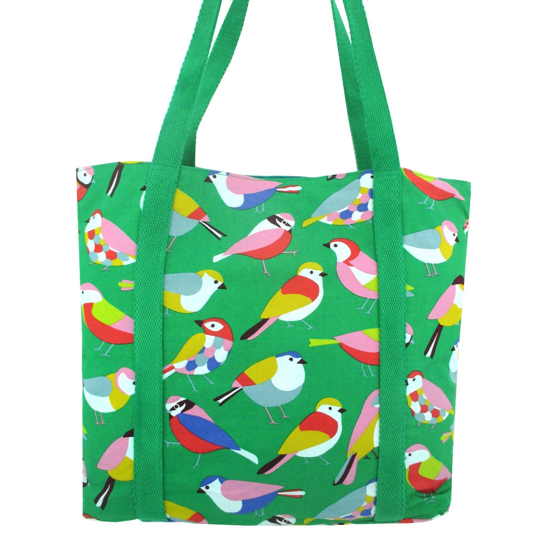 Colorful Bird All Over Print Large Capacity Grocery Shopper Tote Bag in Green