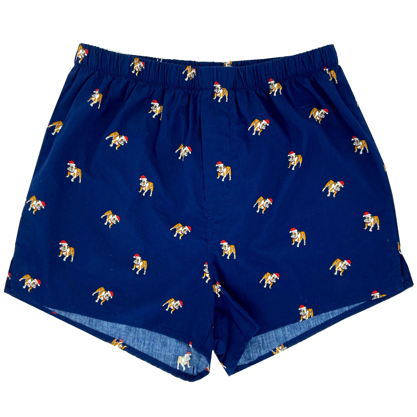 Men's Navy Blue English Bulldog Wearing Santa Hats Print Boxer Shorts