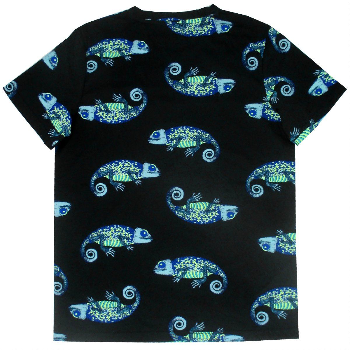 Rock Atoll Men's Neon Chameleon Lizard All Over Print Crew Neck Tee T-Shirt in Black