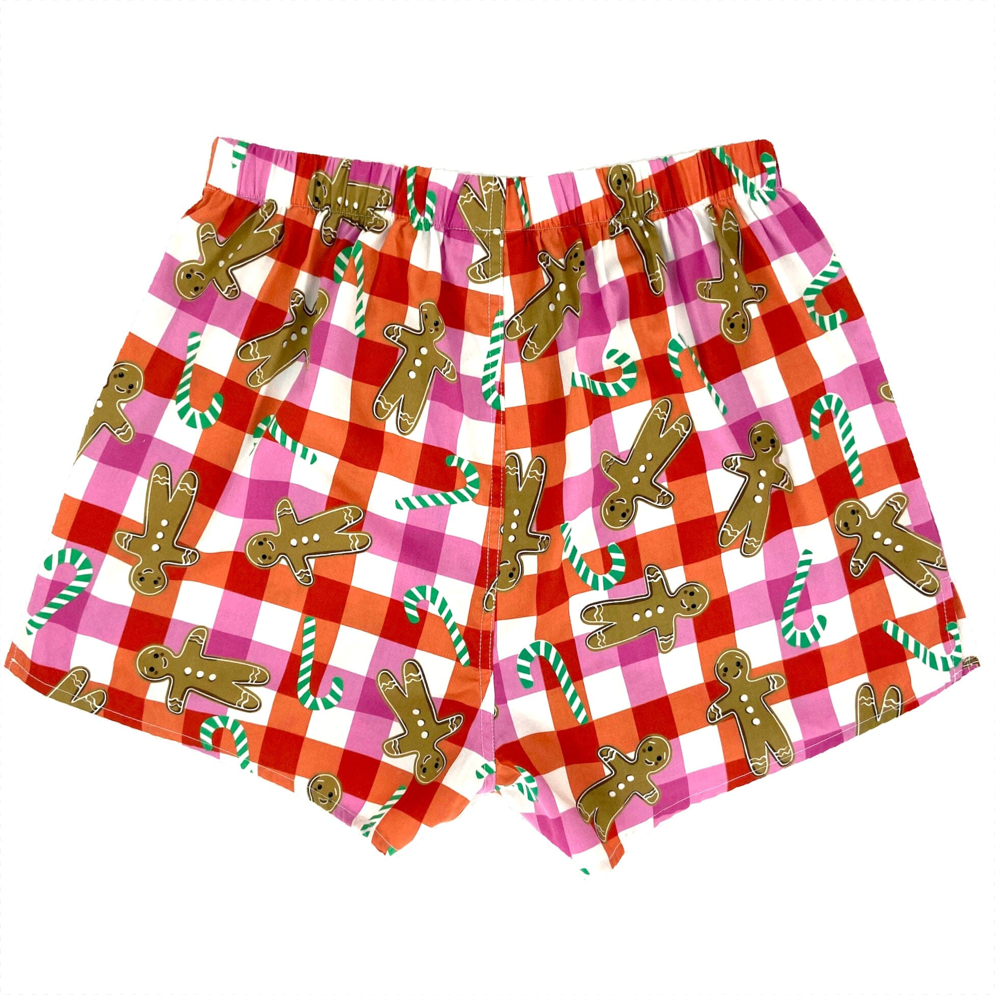 Men's Festive Red Gingerbread Man Candy Cane Print Plaid Boxer Shorts