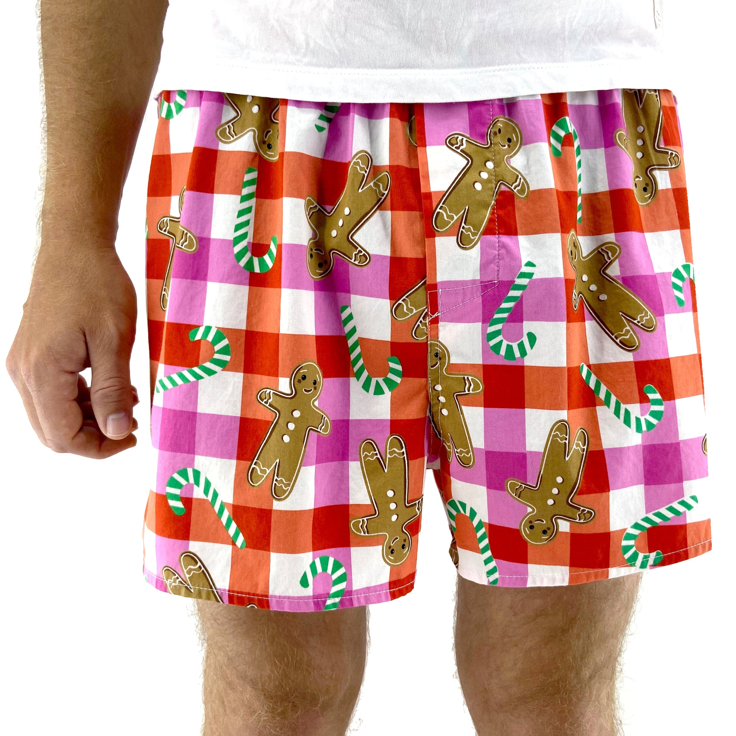 Men's Festive Red Gingerbread Man Candy Cane Print Plaid Boxer Shorts